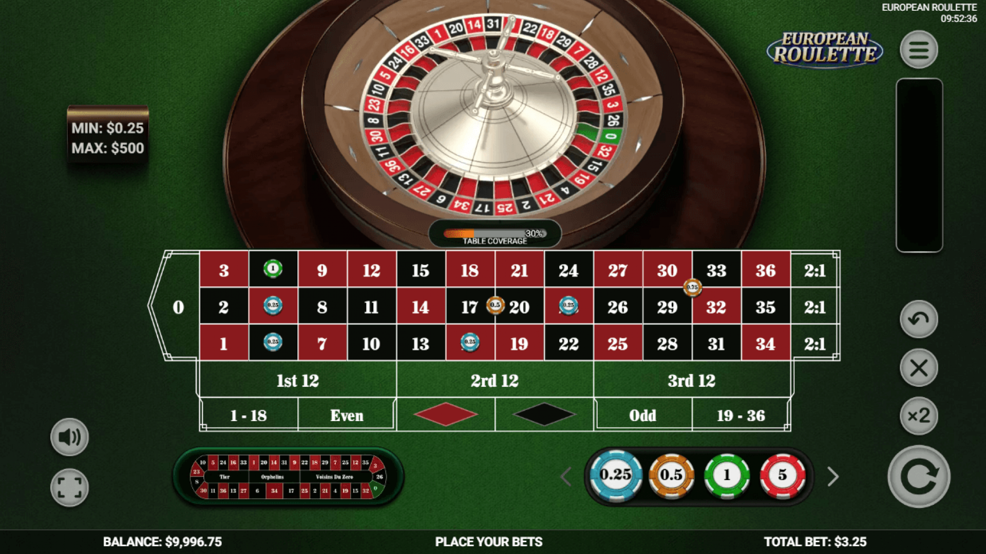 Platipus European Roulette – Close-up da Mesa de Apostas Close-up da mesa de apostas destacando estatísticas dinâmicas e excelência iGaming.