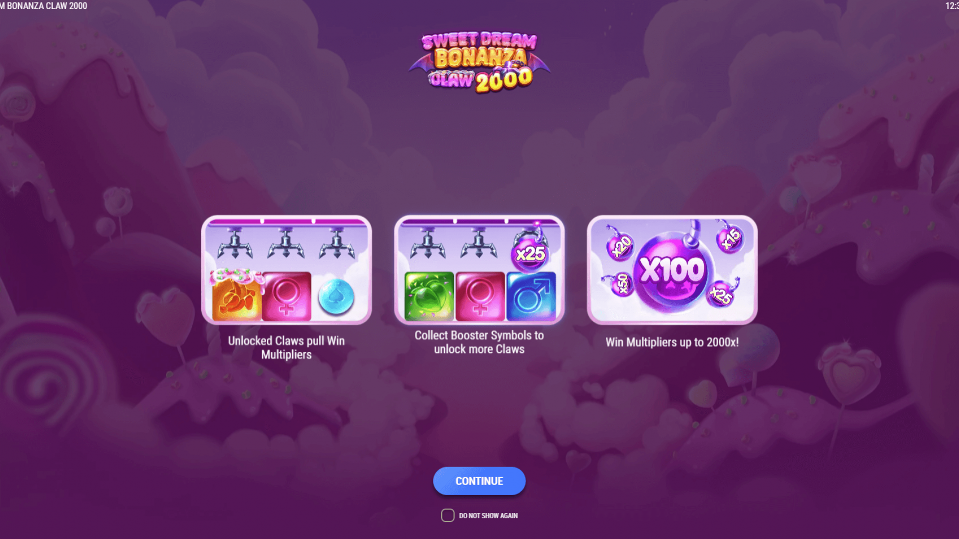 Sweet Dream Bonanza Claw 2000 — Start Screen (HTML5 Arcade Slot by Clawbuster) Start screen of Sweet Dream Bonanza Claw 2000 by Clawbuster; candyland lobby with claw meter—HTML5 arcade-style slot for iGaming via Timeless Tech game aggregator.