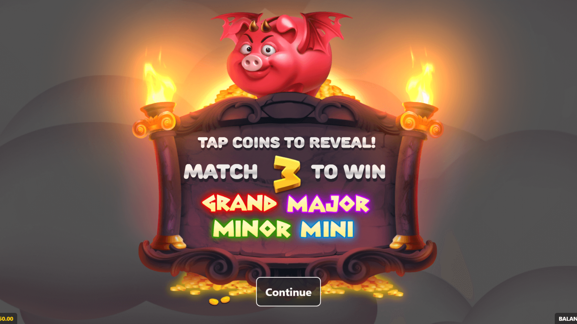 Olympigs Slot – Início do Jogo de Bônus | Slot da GameBeat no Game Aggregator da Timeless Tech Tela inicial do jogo de bônus do Olympigs com o porco vermelho e a mecânica de revelação de moedas.