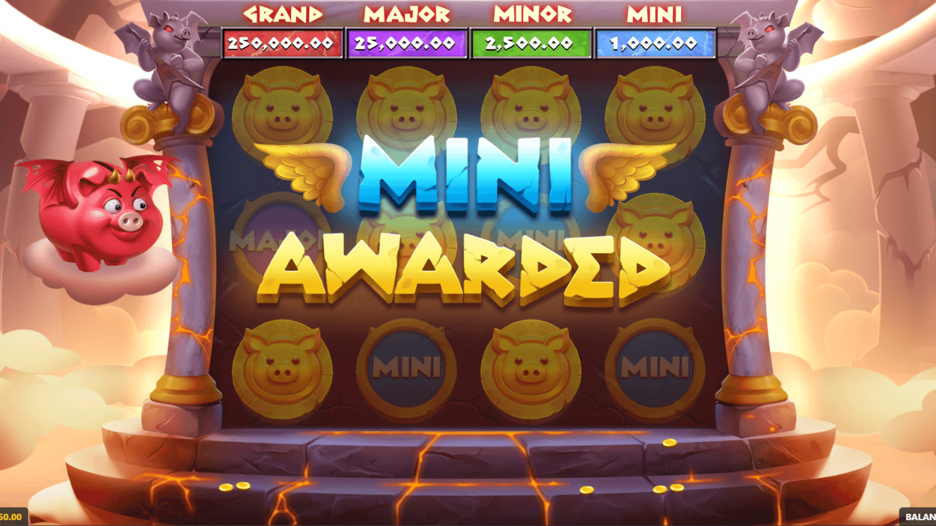 Olympigs Slot – Mini Bônus Concedido | Slot da GameBeat no Game Aggregator da Timeless Tech Jogo de bônus do Olympigs premiando o jackpot Mini com símbolos de moedas douradas em destaque.
