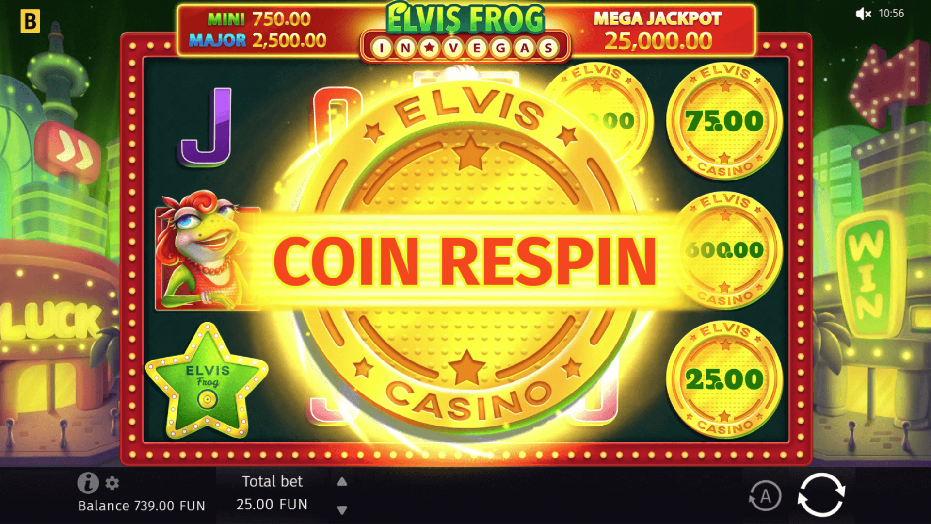 Elvis Frog in Vegas Slot – Coin Respin Feature Start Start of the Coin Respin feature in Elvis Frog in Vegas with golden coins and jackpot values.