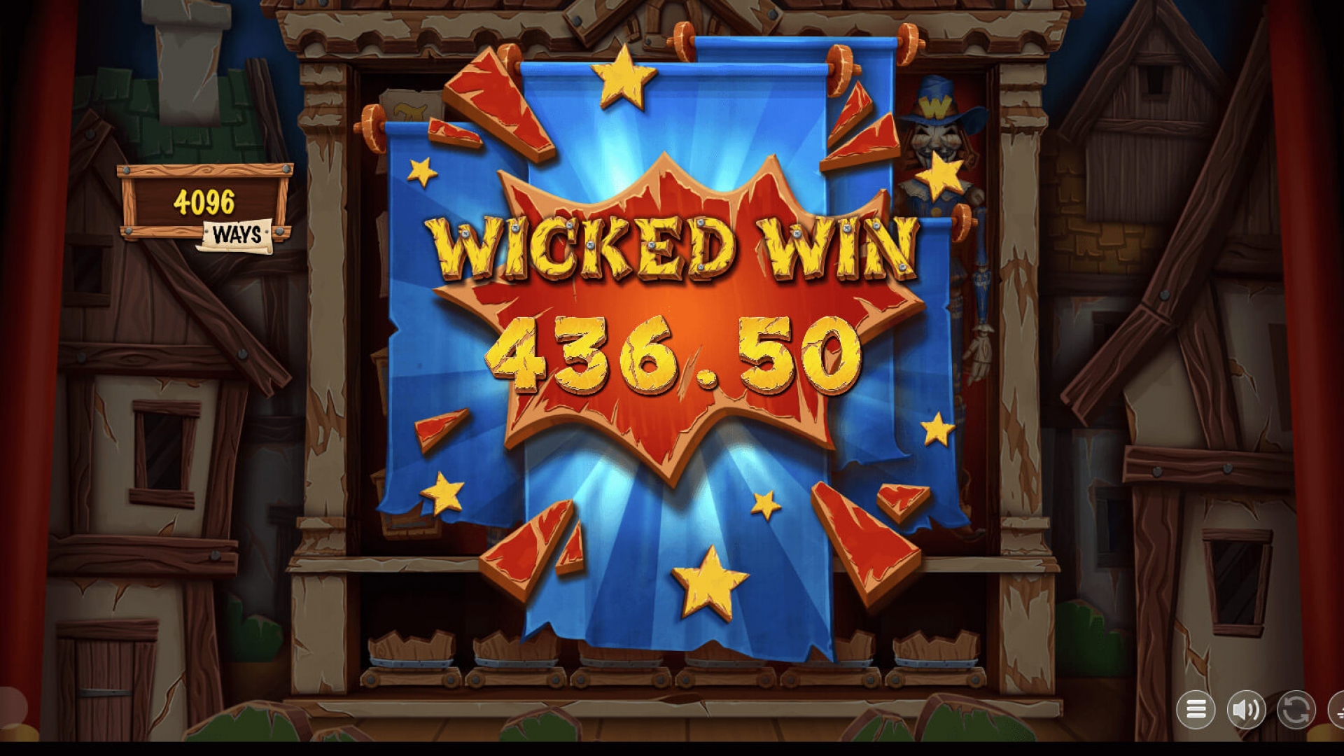 Função Wicked Win de Fawkes – Animação de revelação de grande vitória Animação de grande vitória em Fawkes que exibe o banner “Wicked Win” com um pagamento de €436,50, apresentado sobre um fundo cênico teatral com gráficos de estrelas explosivas.