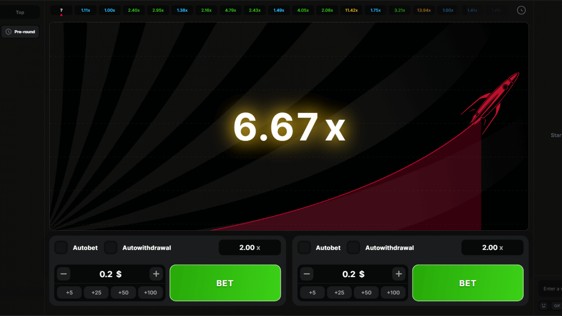 Astronaut Crash Game – Base Gameplay (No Bets Placed) Screenshot of Astronaut crash game by 100HP Gaming, showing rocket launch animation at 6.67x multiplier with no active bets placed.