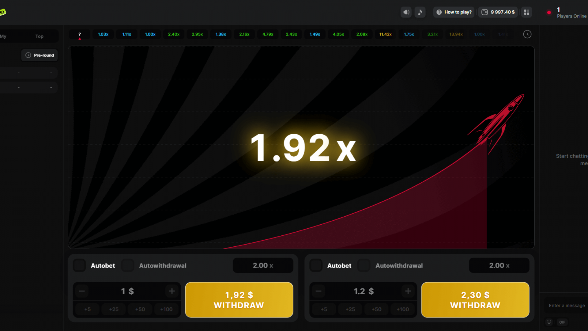 Astronaut Crash Game – Base Gameplay with Bets Screenshot of Astronaut crash game at 1.92x multiplier, with demo bets displayed on the left panel and withdrawal option active.