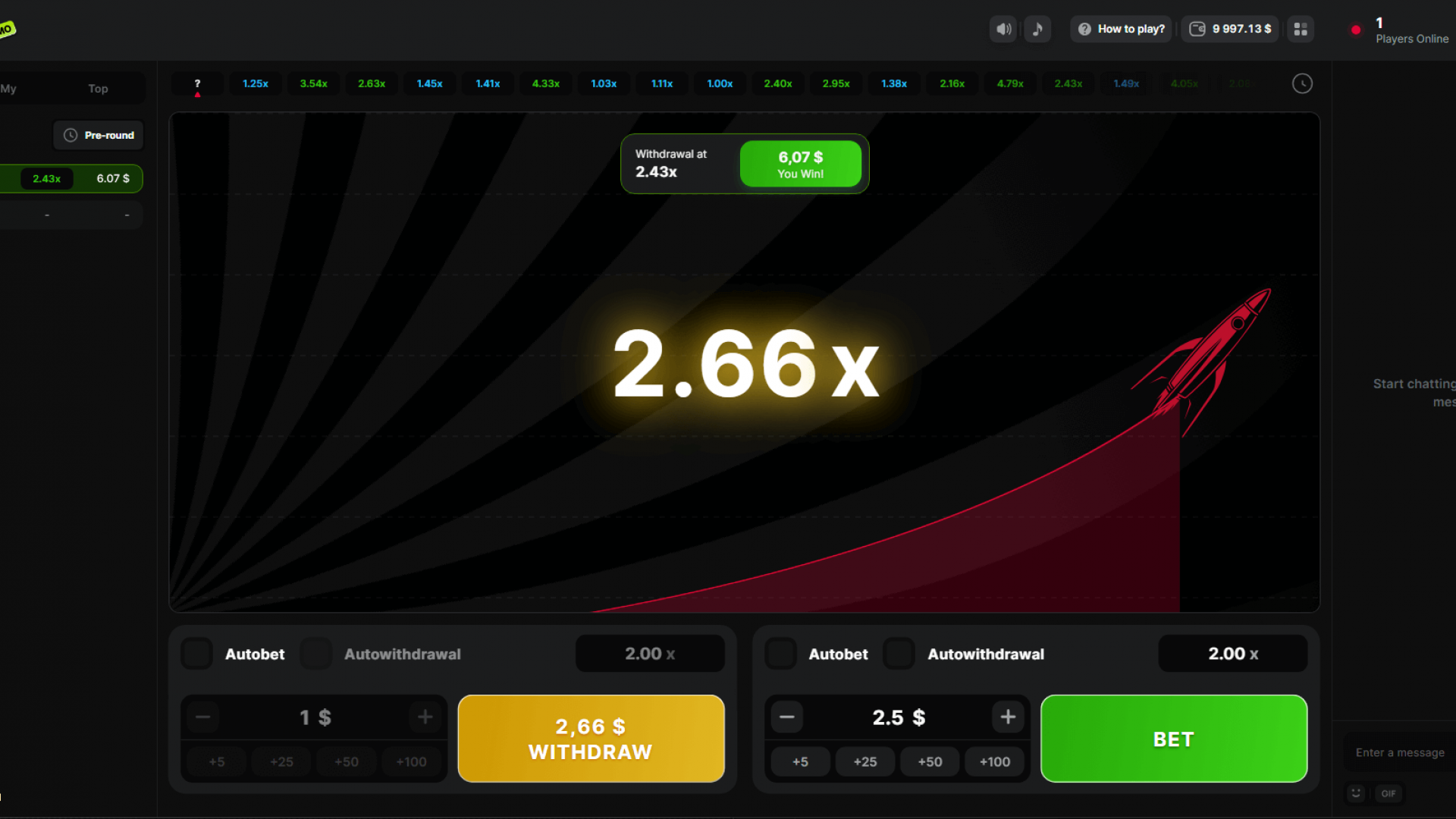 Astronaut Crash Game – Withdrawal at 2.43x Multiplier Screenshot of Astronaut crash game by 100HP Gaming showing a successful withdrawal at 2.43x multiplier with total winnings highlighted.