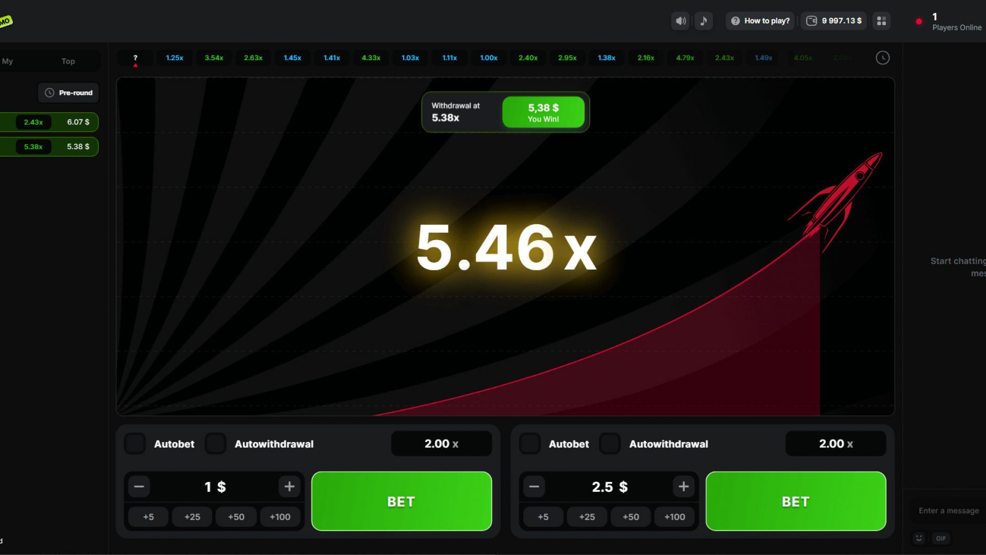 Astronaut Crash Game – Withdrawal at 5.38x Multiplier Screenshot of Astronaut crash game by 100HP Gaming showing a rocket climbing with a withdrawal made at 5.38x multiplier.