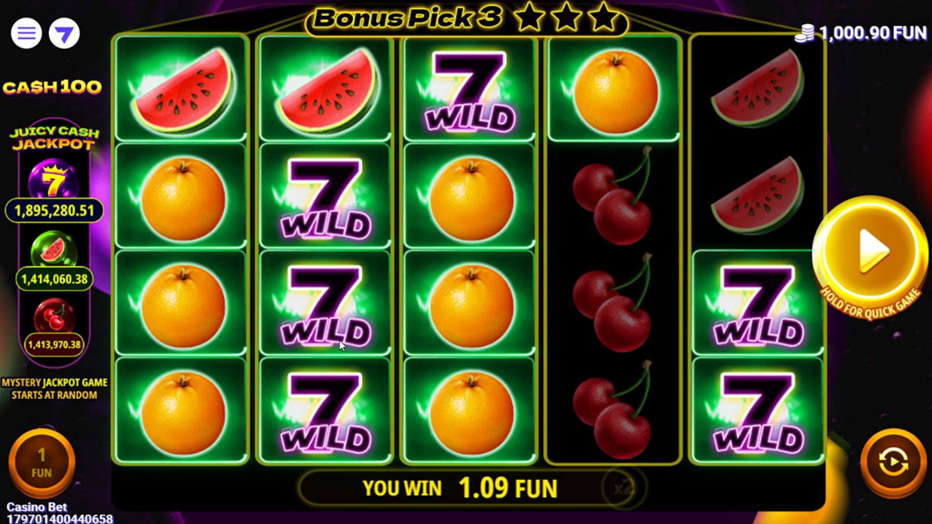 Cash 100 Wilds Screenshot of the Cash 100 slot game featuring wild symbols on the reels, highlighting the chances for significant wins.