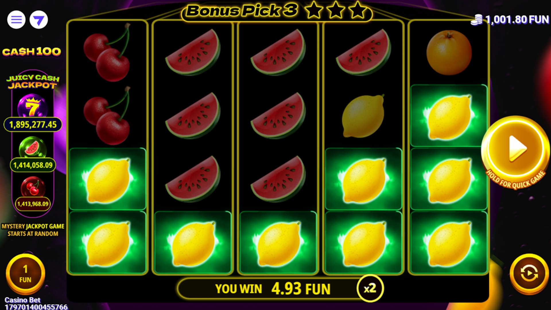 Cash 100 Lemons Screenshot of the Cash 100 slot game with lemon symbols on the reels, adding a fruity twist to the gameplay.