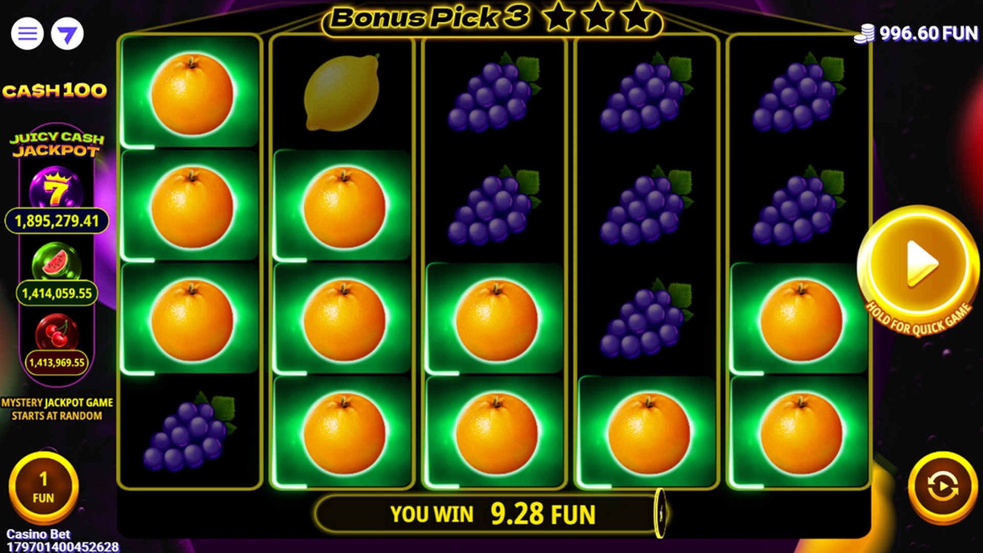 Cash 100 Oranges Screenshot of the Cash 100 slot game displaying orange symbols, contributing to the game's colorful and vibrant theme.