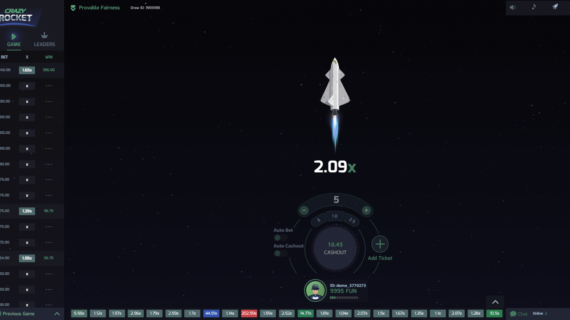 Foguete único em ~4x — Subida rápida e timing de cashout Rodada de foguete único no Crazy Rocket com multiplicador alto (~4x) e janela clara para cashout.