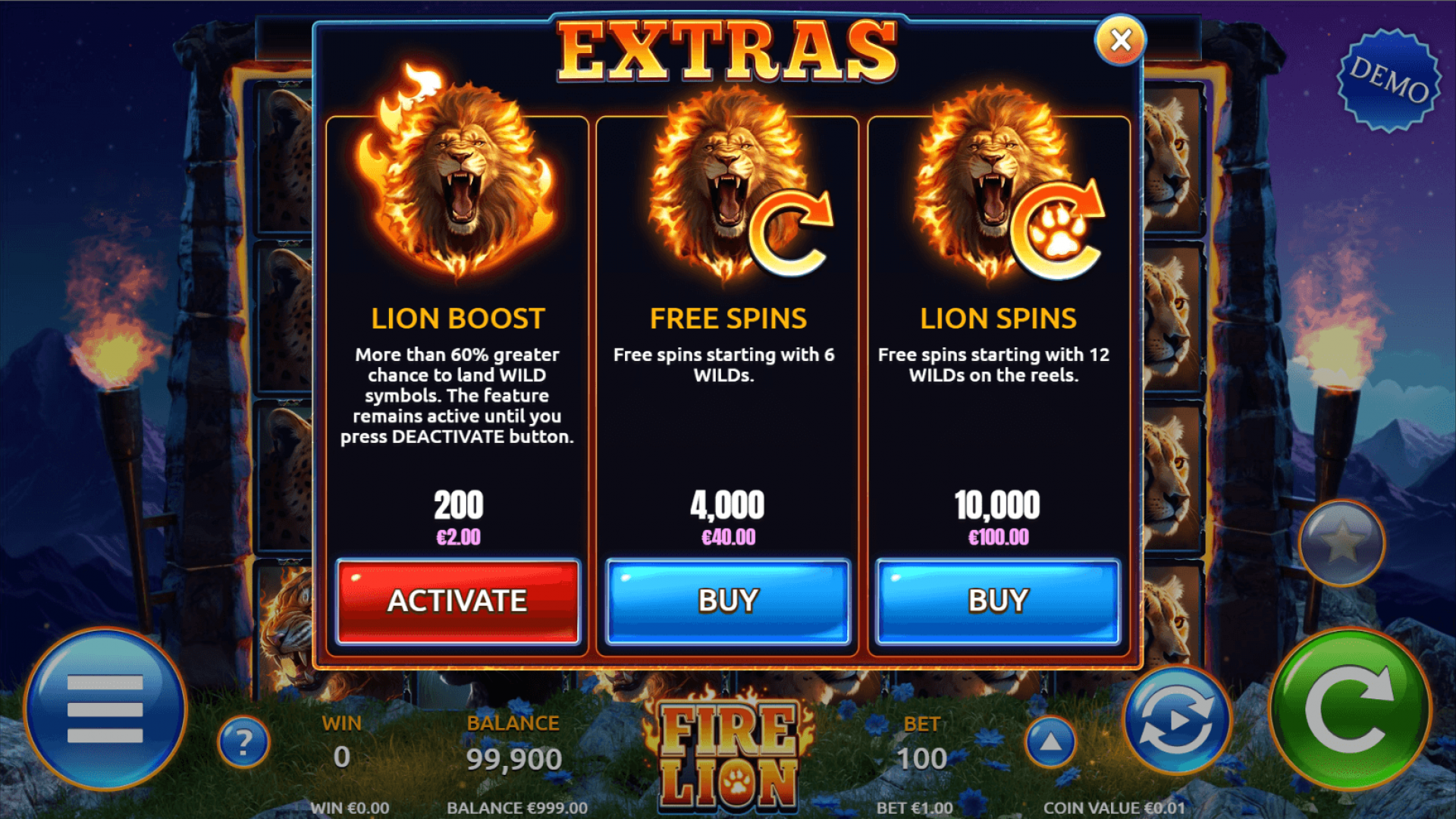 Funciones Extra Destacadas del Slot Fire Lion Captura de pantalla que destaca las funciones extra de Fire Lion, incluyendo Giros Gratis y la Bonus Wheel.