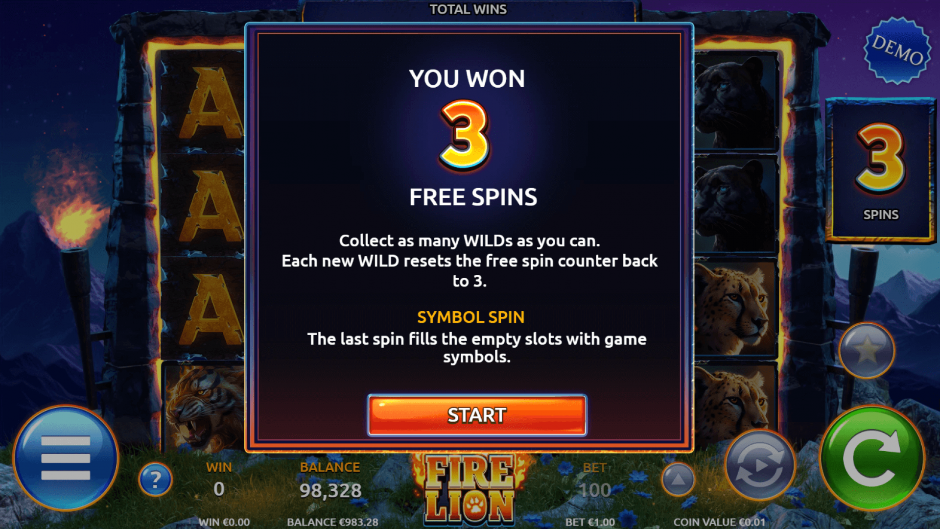 Modo de Giros Gratis del Slot Fire Lion Juego Fire Lion en modo de Giros Gratis, mostrando líneas mejoradas y un emocionante potencial de ganancia.