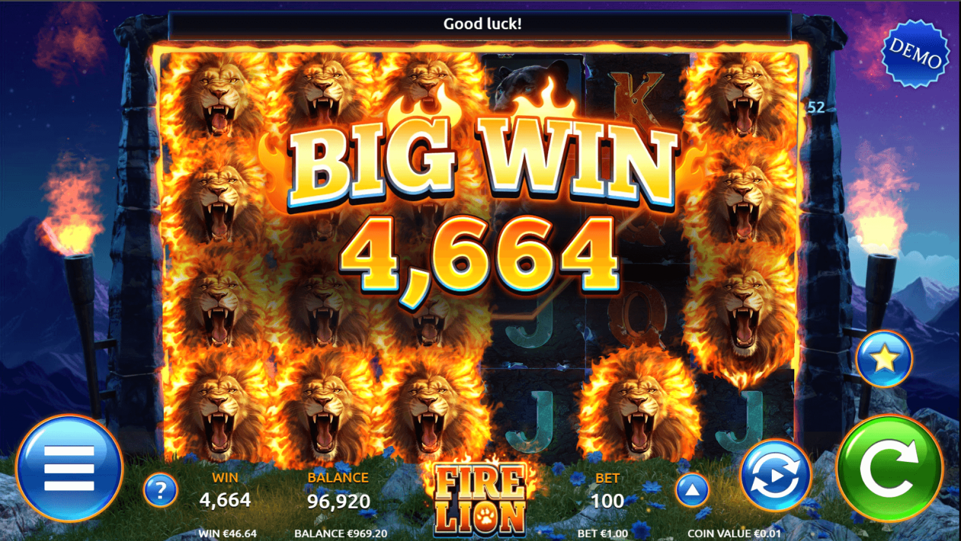 Celebración de Gran Ganancia en el Slot Fire Lion Celebración de gran ganancia en el slot Fire Lion de AirDice, con visuales ardientes y premios destacados.