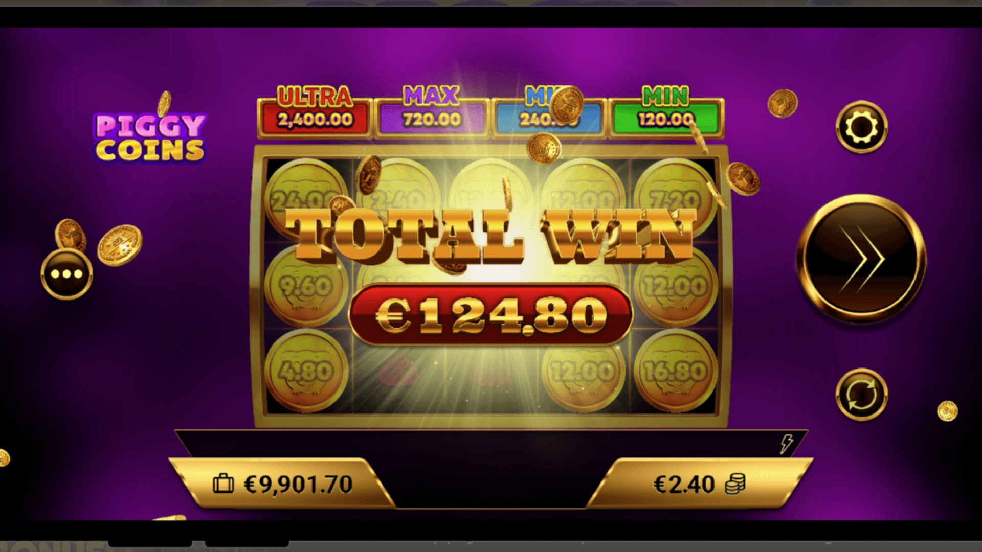 Jugabilidad del Bono Pin Win en Piggy Coins Jugabilidad del Bono Pin Win en Piggy Coins, con monedas doradas llenando la cuadrícula para aumentar las recompensas.