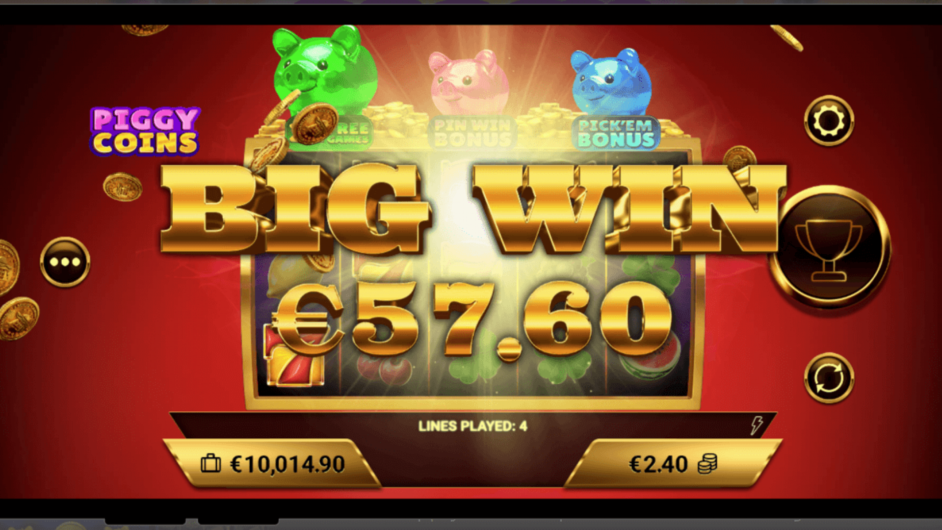 Gran Ganancia en el Bono Pin Win – Piggy Coins Momento de victoria en el Bono Pin Win de Piggy Coins, mostrando un premio mayor de 1,000x.