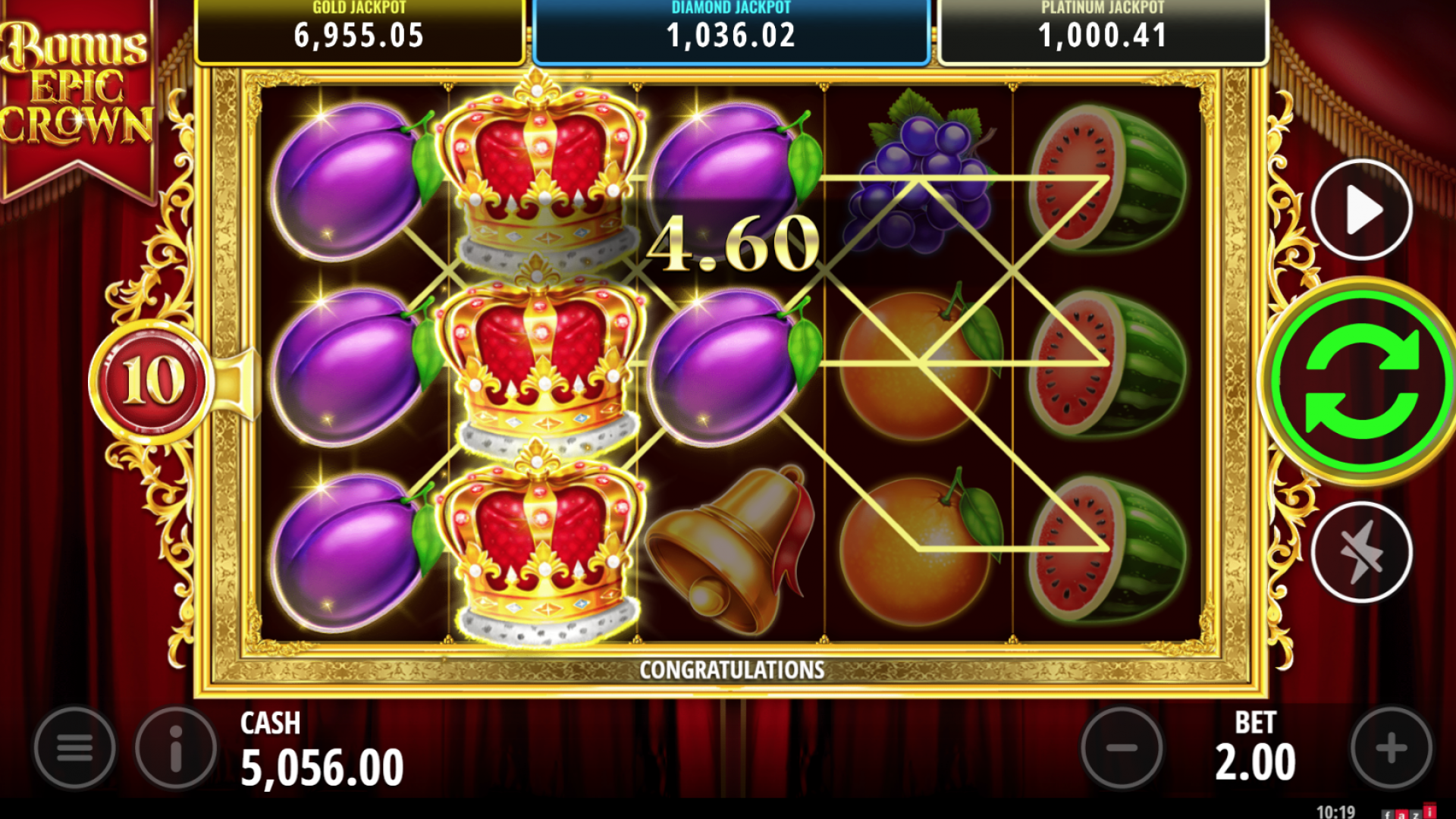 Vista del juego base del slot Bonus Epic Crown de FAZI con wilds expansivos llenando los carretes para posibles ganancias.