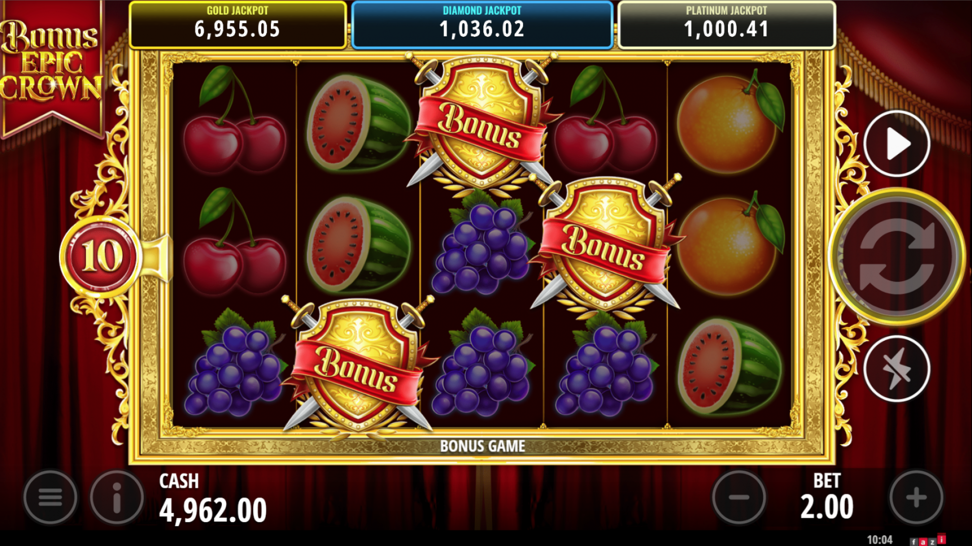 Símbolos scatter en el slot Bonus Epic Crown que activan el Juego de Bono con 40 líneas de pago y giros gratis.