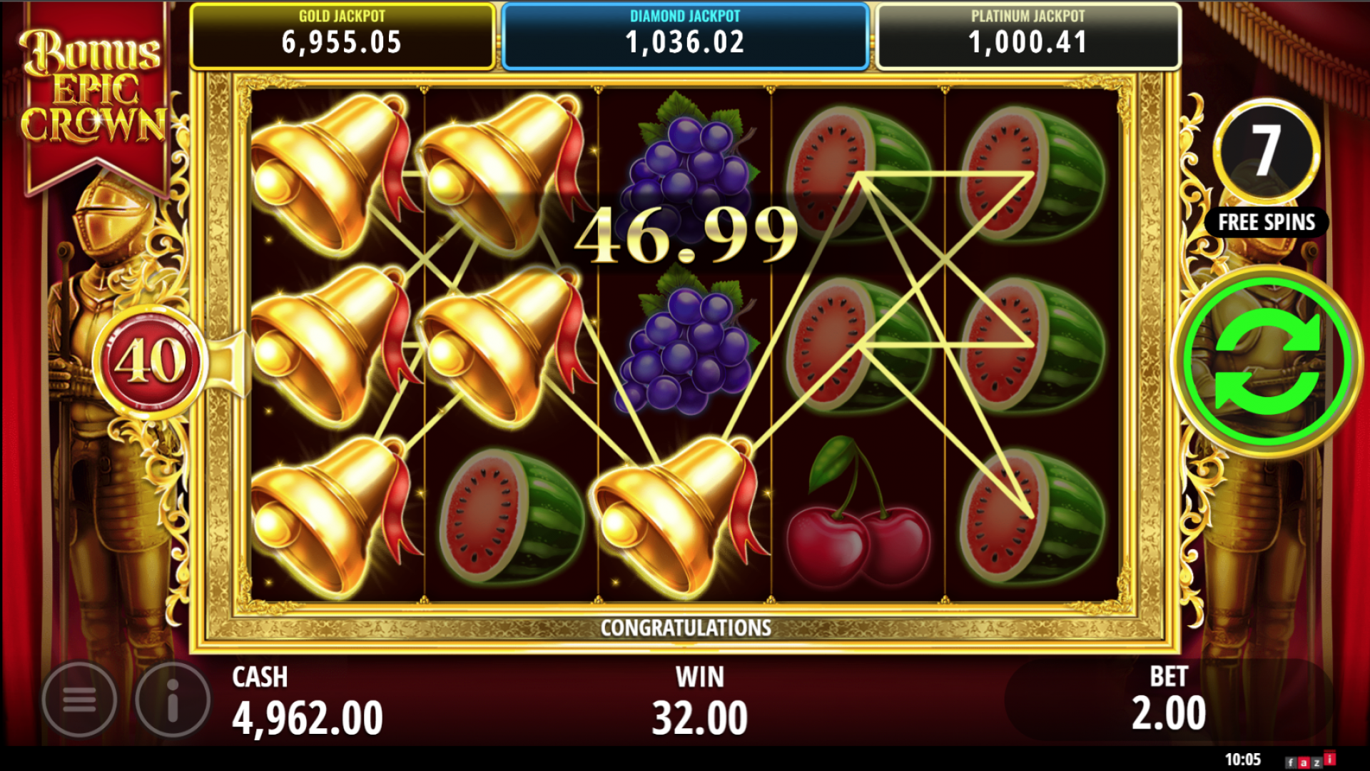 Juego de bono en el slot Bonus Epic Crown, con símbolos de campana de alto pago en 40 líneas de pago activas.