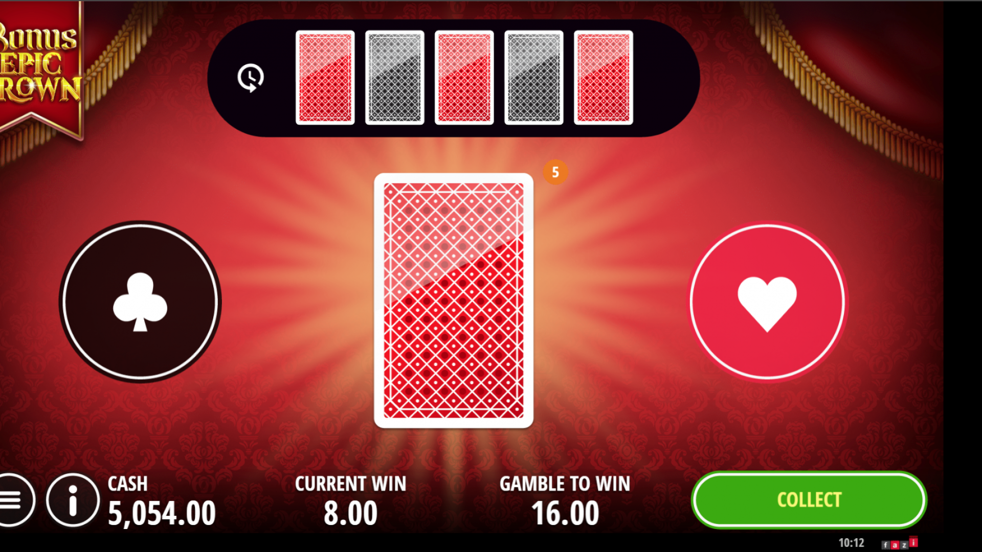 Función Double Up en el slot Bonus Epic Crown, que permite a los jugadores apostar su ganancia para tener la oportunidad de duplicarla.