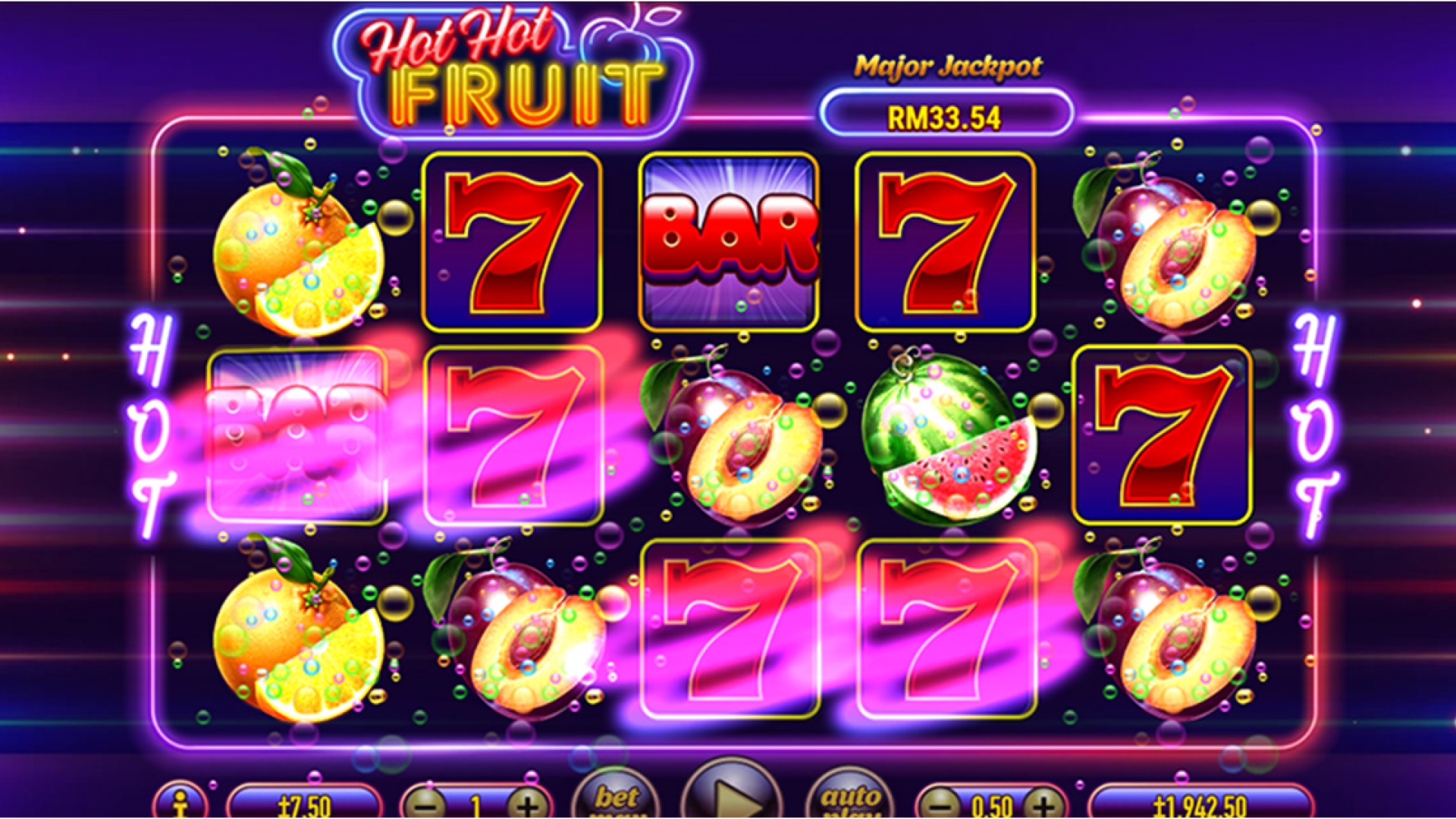 Hot Hot Fruit - Win Screenshot of Hot Hot Fruit displaying a win with coins and winning symbols highlighted on the screen.