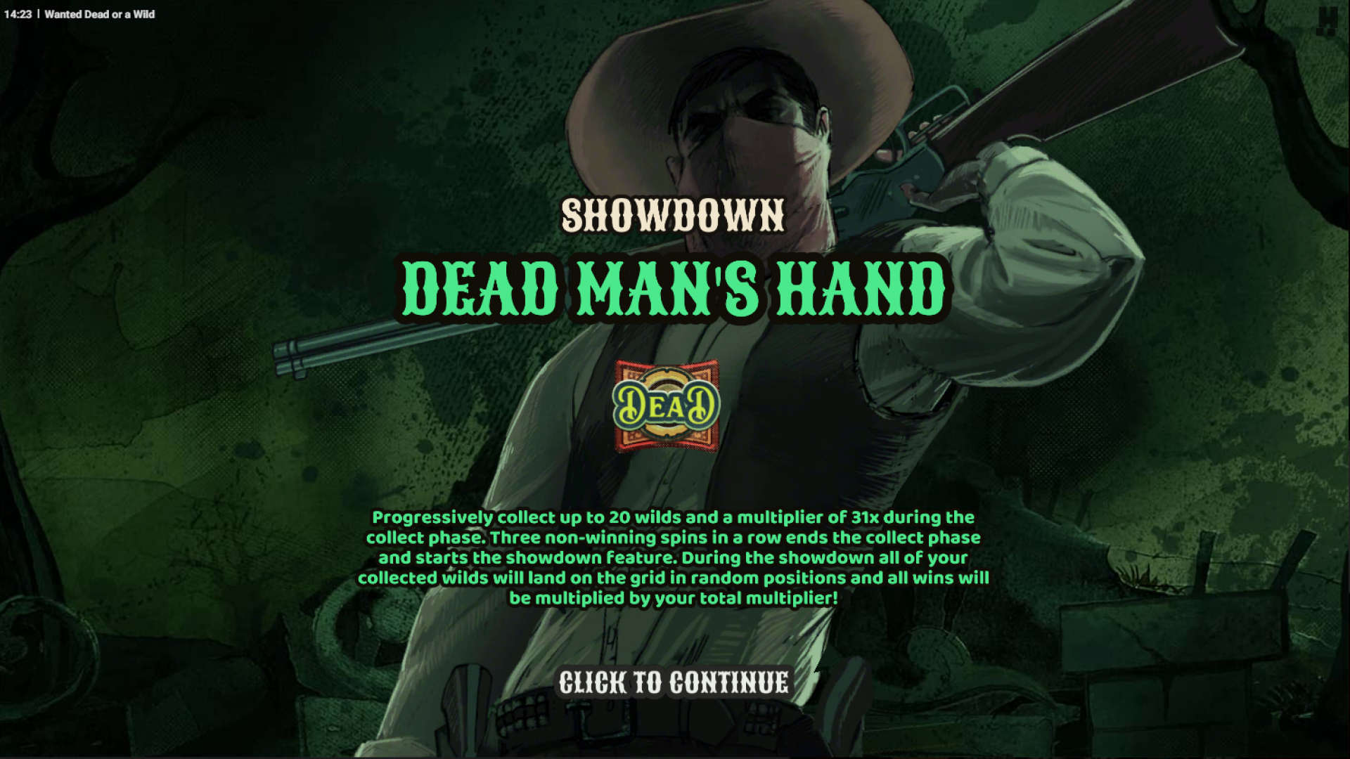 Wanted Dead or a Wild - Dead Man’s Hand Feature Screenshot showcasing the Dead Man’s Hand bonus feature in Wanted Dead or a Wild.