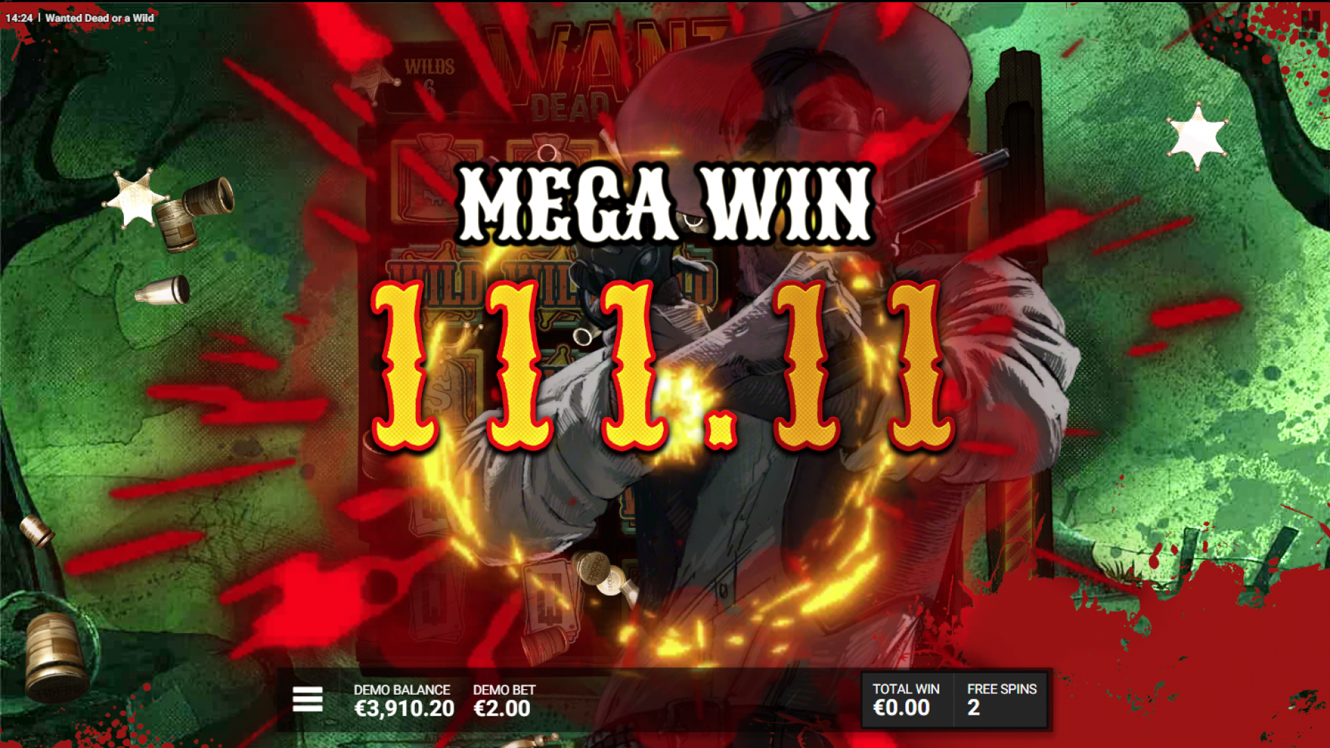 Wanted Dead or a Wild - Mega Win in Dead Man’s Hand Screenshot of a Mega Win during the Dead Man’s Hand feature in Wanted Dead or a Wild.