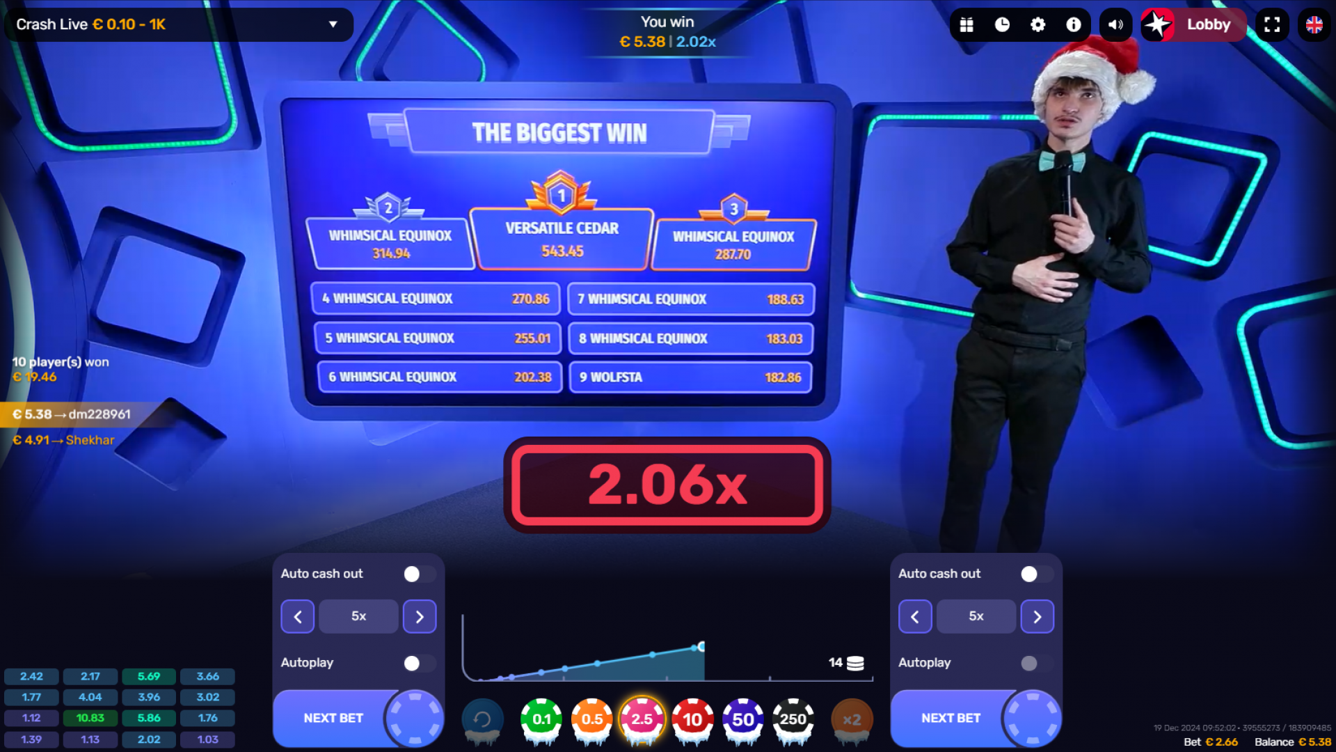 Un momento de victoria en Crash Live de Iconic 21, con jugadores celebrando grandes premios al alcanzar multiplicadores altos.