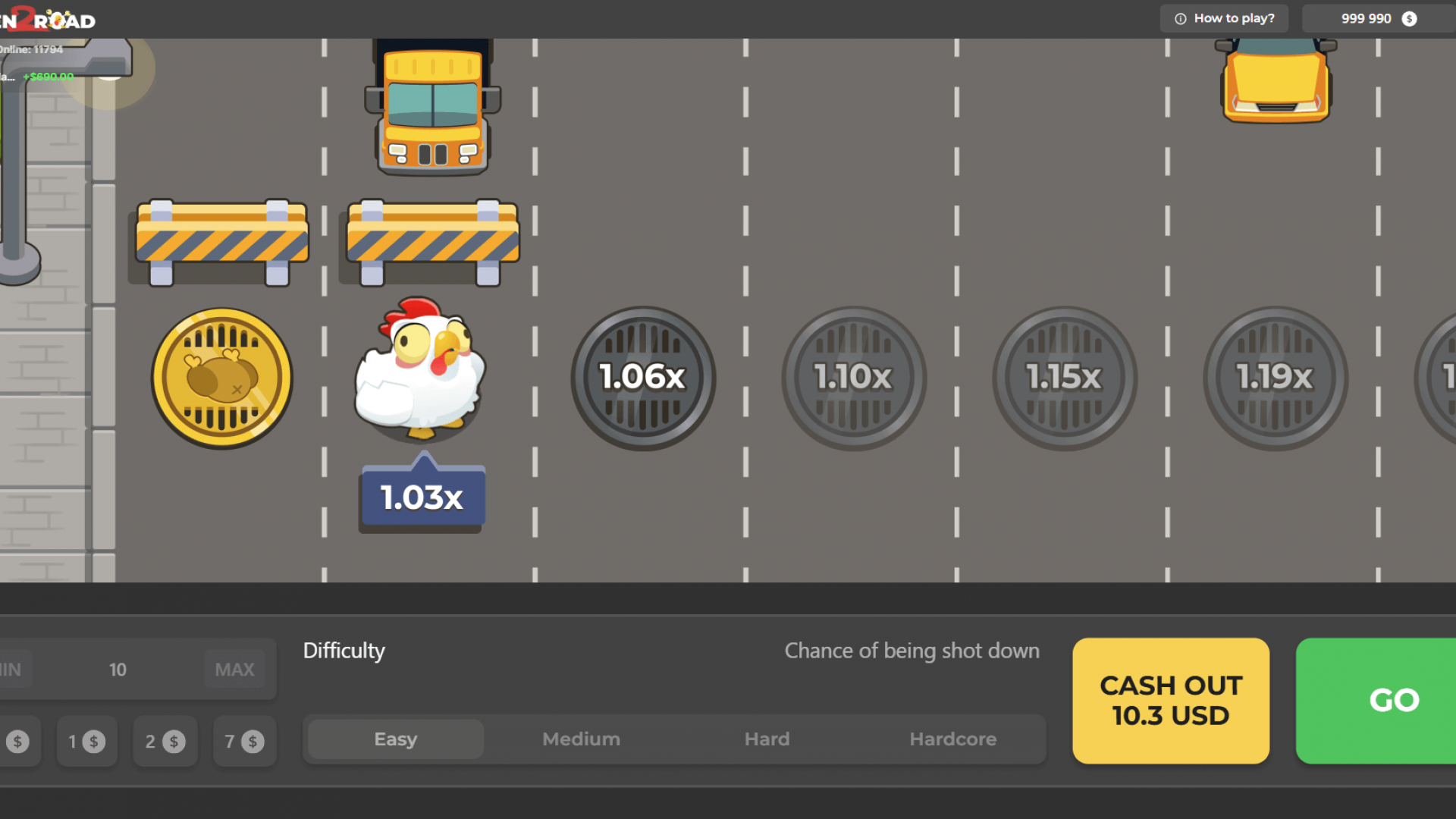 Jugabilidad de Chicken Road 2.0: Avanzando al primer multiplicador Captura de pantalla del juego Chicken Road 2.0 mostrando el pollo en la casilla del multiplicador 1.03x, con el botón 'CASH OUT' activo.