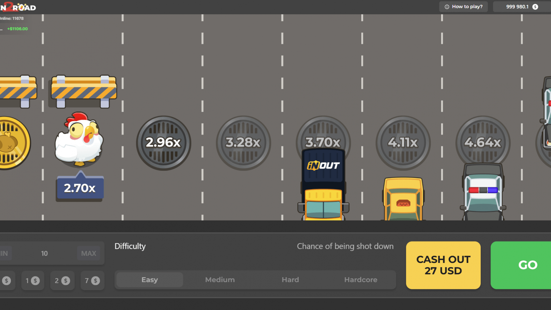 Acción de alto riesgo: Alcanzando el multiplicador 2.70x en Chicken Road 2.0 Jugabilidad de Chicken Road 2.0 avanzando al multiplicador 2.70x, con tráfico aumentado incluyendo un camión y un coche de policía.