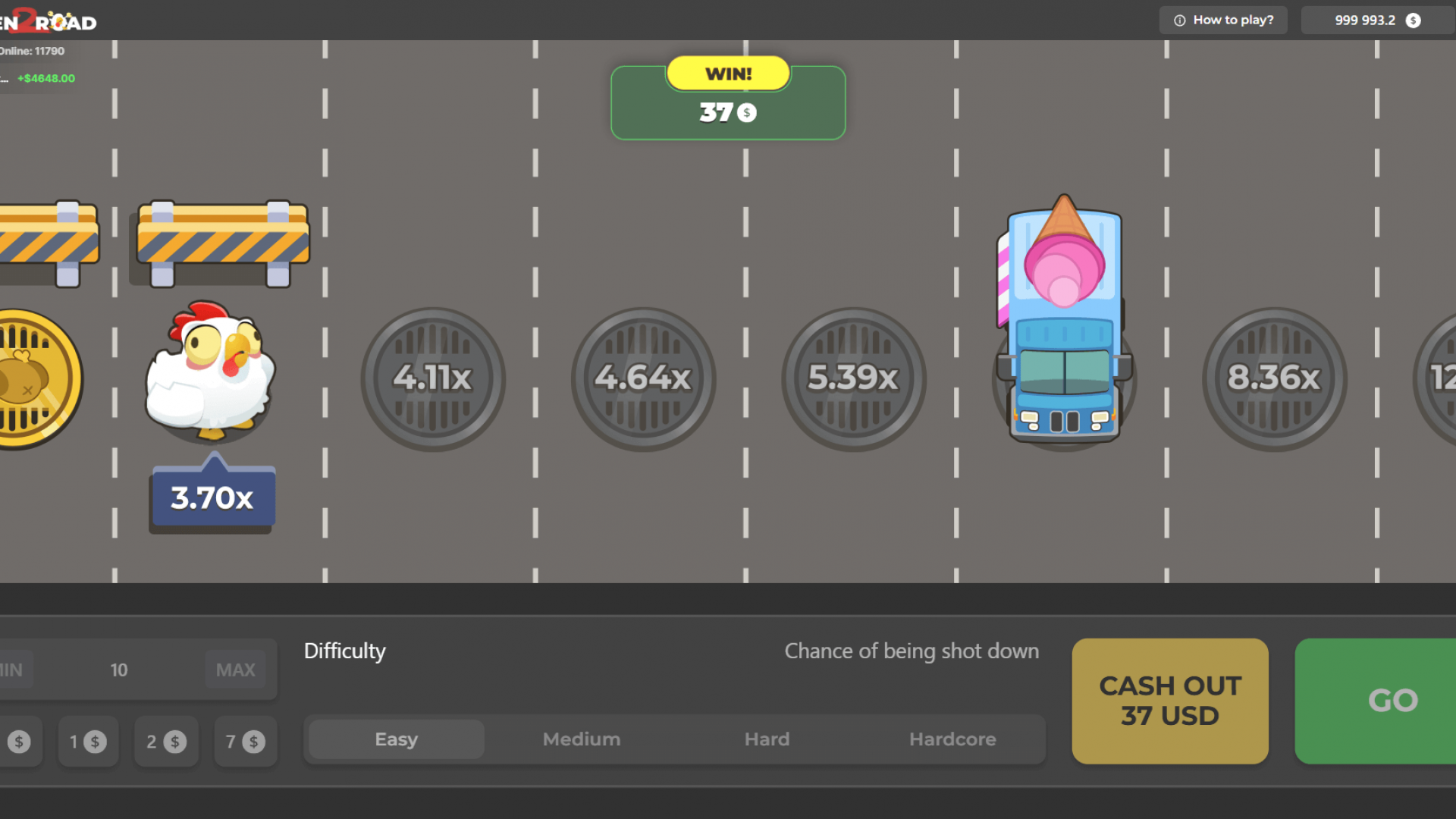 Asegurando una ganancia: Cobrando en 3.70x en Chicken Road 2.0 Una pantalla de ganancia exitosa en Chicken Road 2.0, mostrando un banner de 'WIN!' (¡GANASTE!), un multiplicador de 3.70x y una cantidad de 'CASH OUT' exitosa