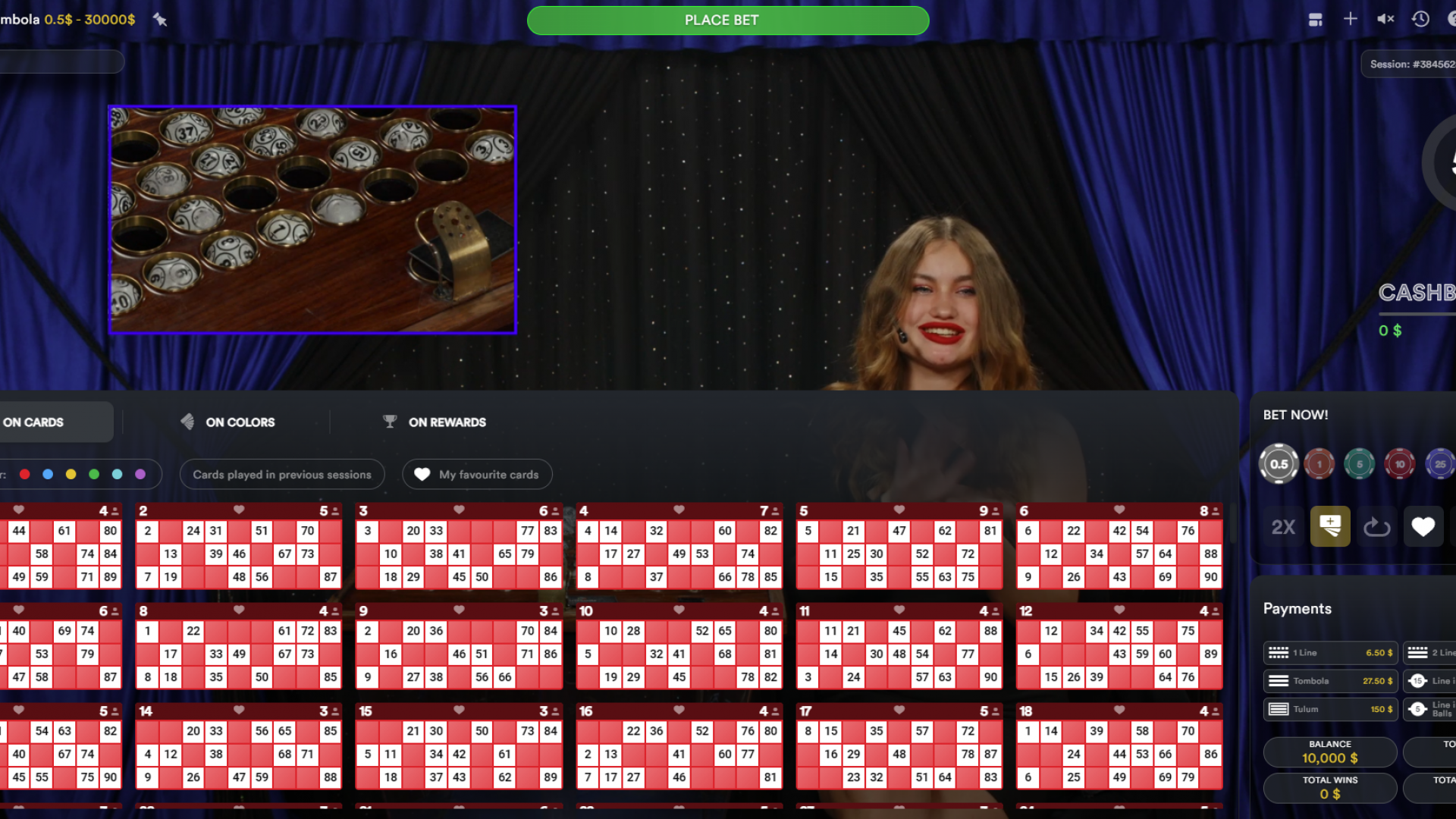 Live Tombola - Game Start Screen Screenshot of the Live Tombola bingo game start screen, showcasing the user interface before gameplay begins.