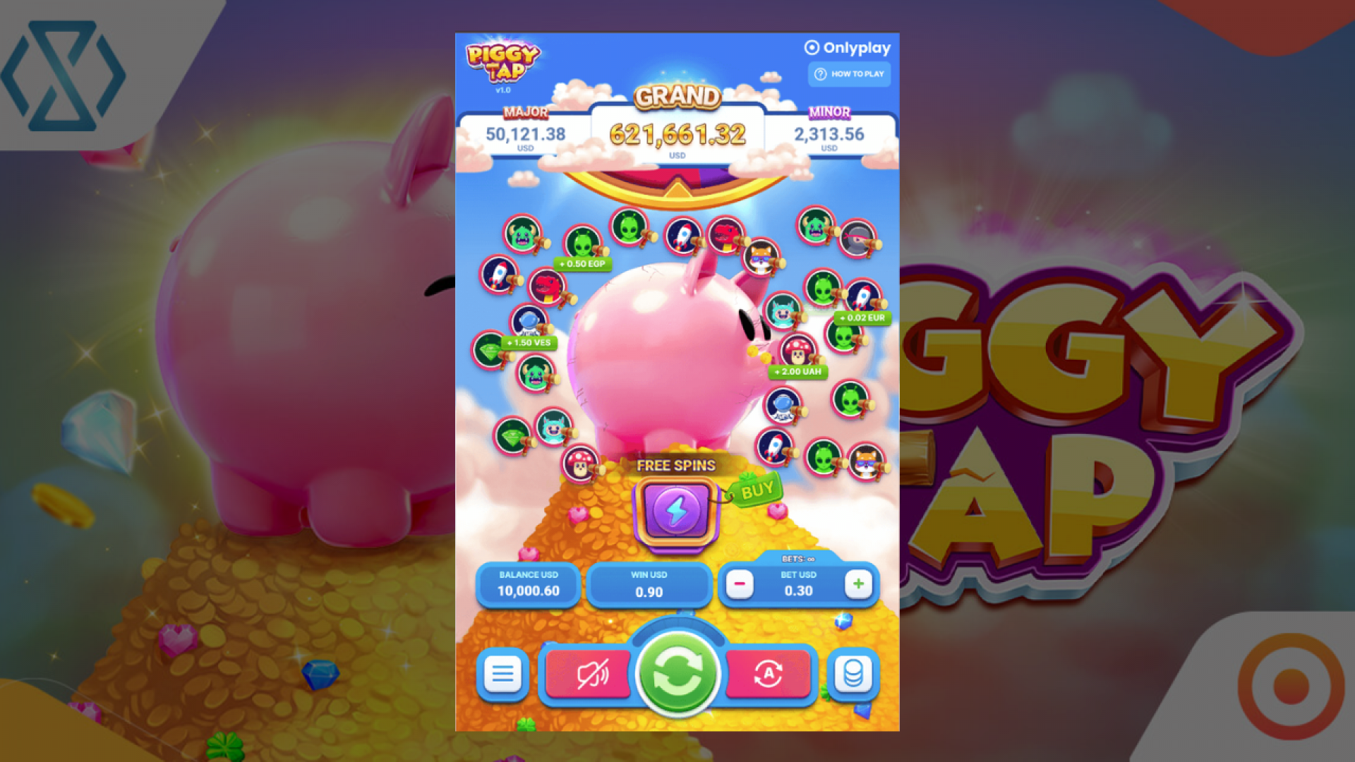 Piggy Tap – Juego Base de Onlyplay Captura de pantalla del juego base de Piggy Tap, mostrando visuales vibrantes y sus mecánicas de juego.
