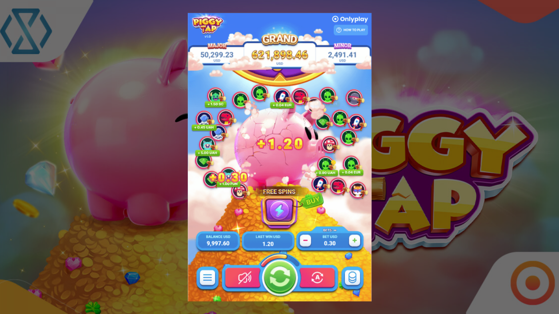 Piggy Tap – Juego Base con la Función Wheel Jugabilidad de Piggy Tap con la función Wheel activa, ofreciendo emocionantes oportunidades de multiplicadores.