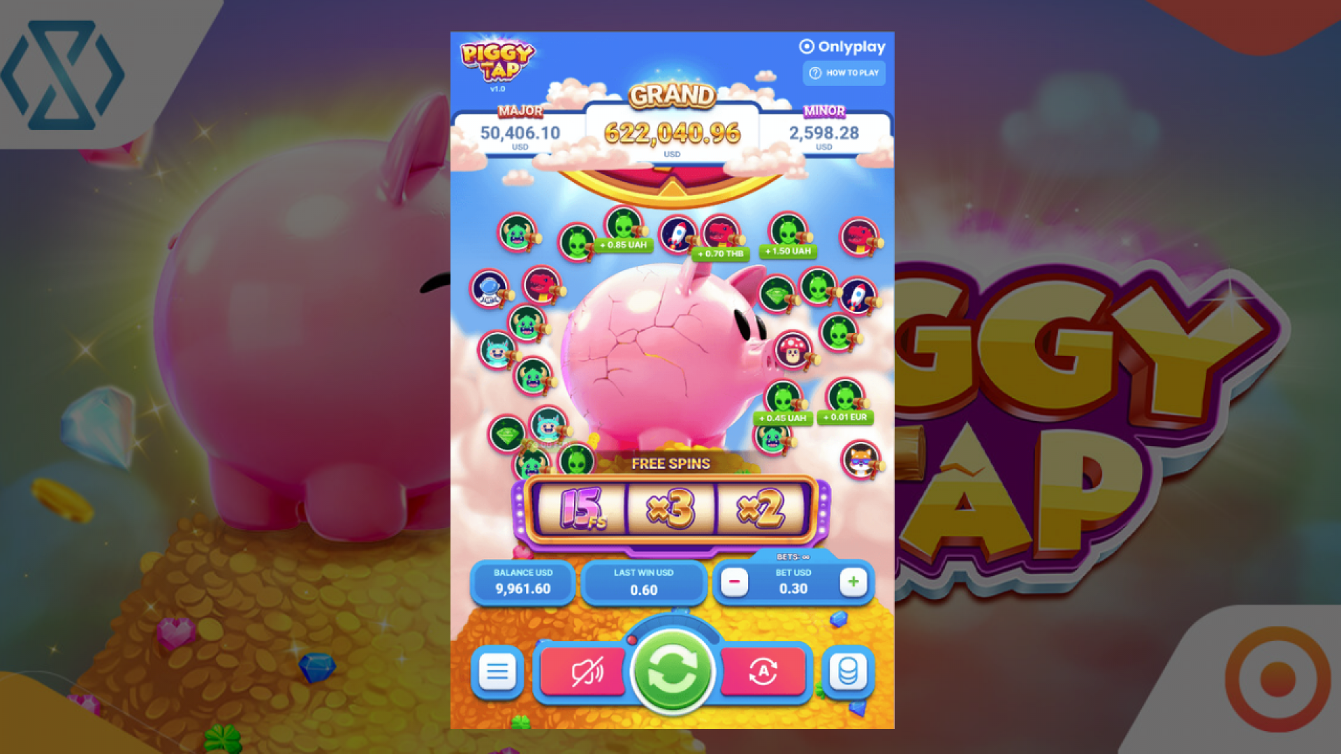 Piggy Tap – Opción de Compra de Bono Ronda de bonificación de Free Games en Piggy Tap con acción de multiplicadores aumentados.