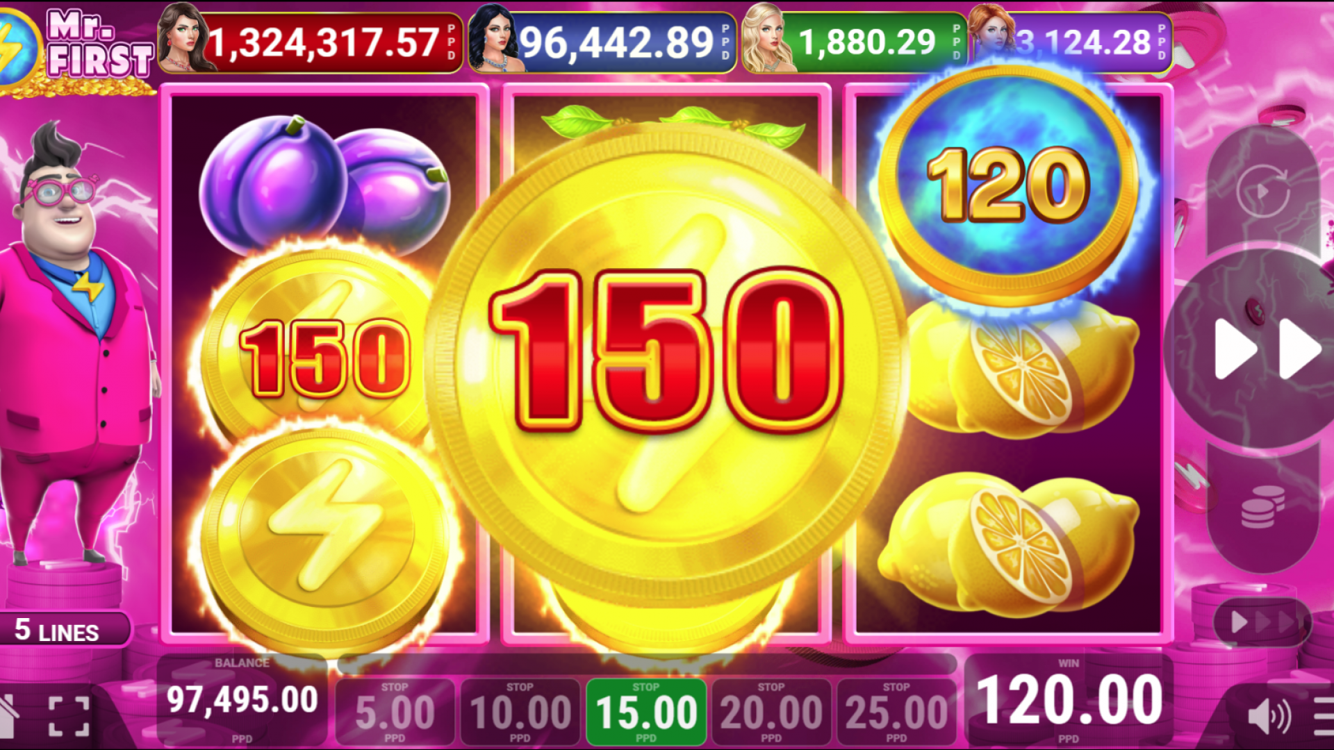 Mr. First Slot Base Game with Coin Symbols Screenshot showing coin symbols during the base game of Mr. First slot