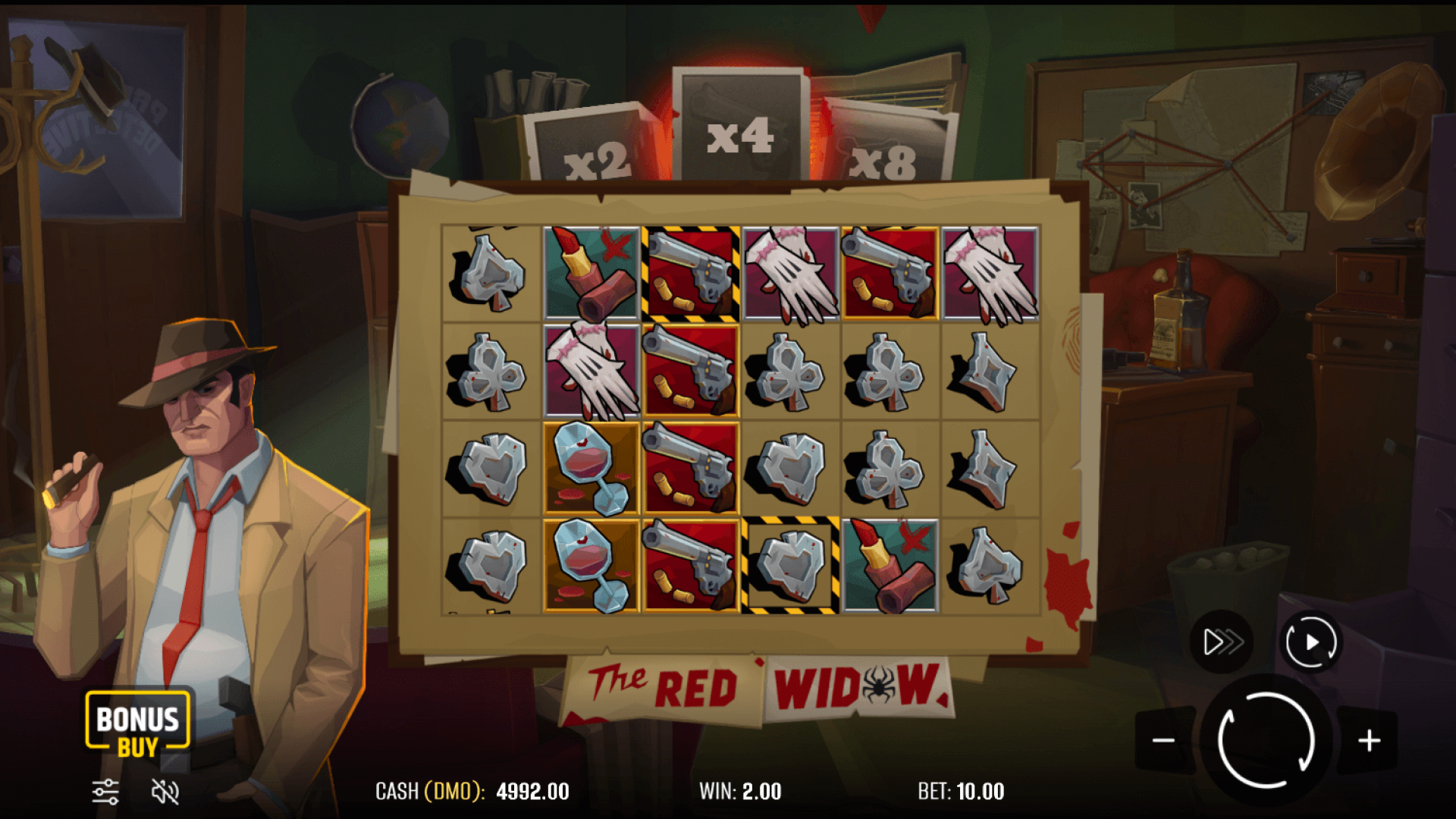 The Red Widow – Jogo Base com Multiplicador de 4x O jogo base do slot The Red Widow mostrando um multiplicador de 4x nos símbolos, aumentando o potencial de ganho nesta experiência de iGaming.