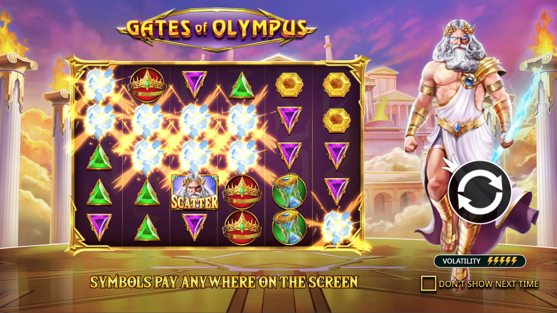 Pantalla de Inicio de Gates of Olympus – Entra al Reino Mítico de Zeus La pantalla de inicio del slot Gates of Olympus de Pragmatic Play, mostrando el Monte Olimpo y a Zeus vigilando los carretes.