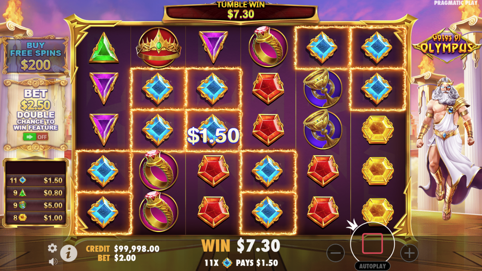 Gates of Olympus – Victoria en el Juego Base: ¡Premios Emocionantes te Esperan! Pantalla de victoria durante el juego base de Gates of Olympus, destacando un pago obtenido por símbolos griegos coincidentes.