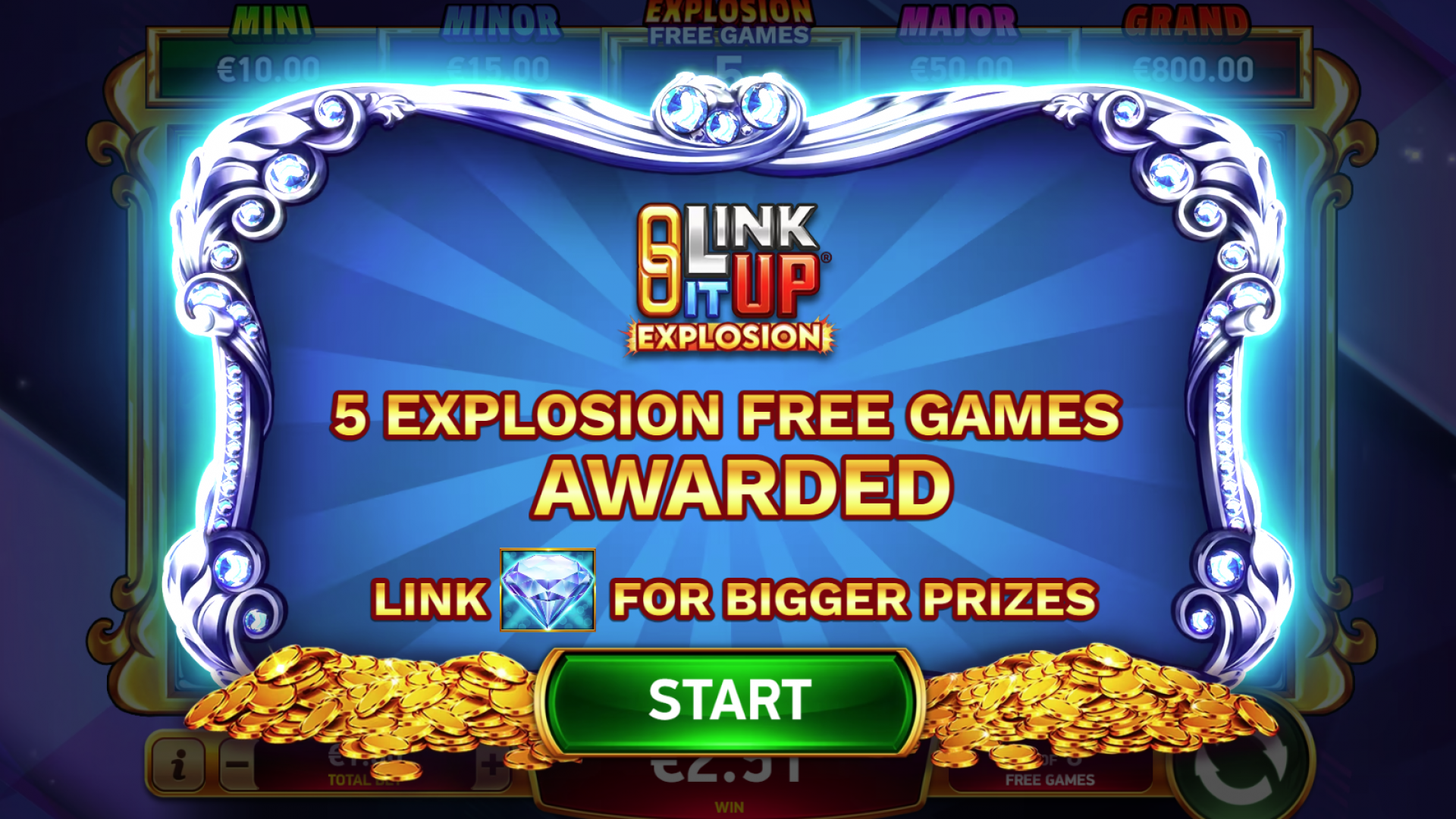Start screen for the Explosive Free Games feature in Diamond Explosion 7s, indicating the beginning of this special mode.
