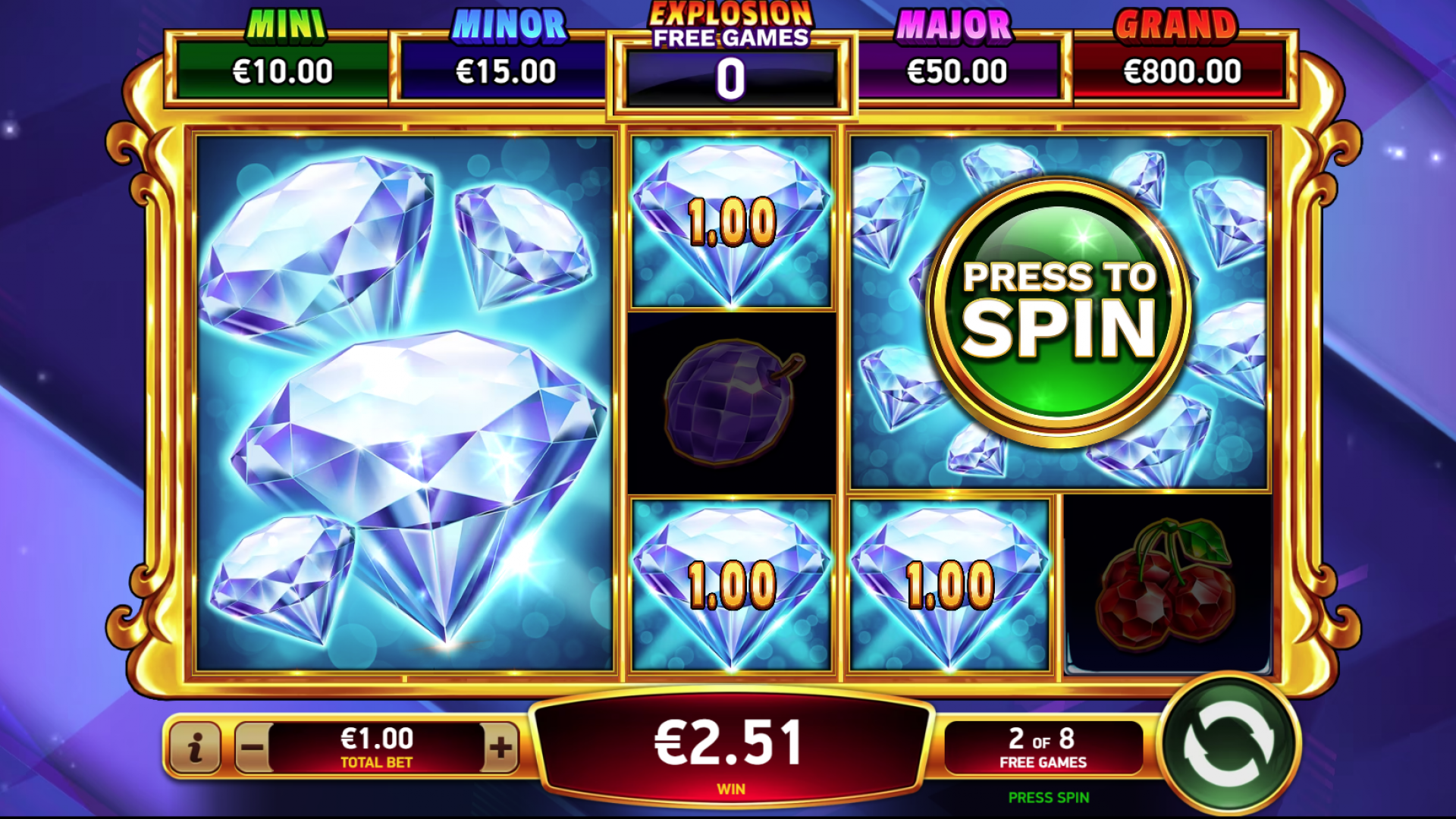 Screen showing collected diamonds and the activation of the Jackpot feature during the Explosive Free Games in Diamond Explosion 7s.