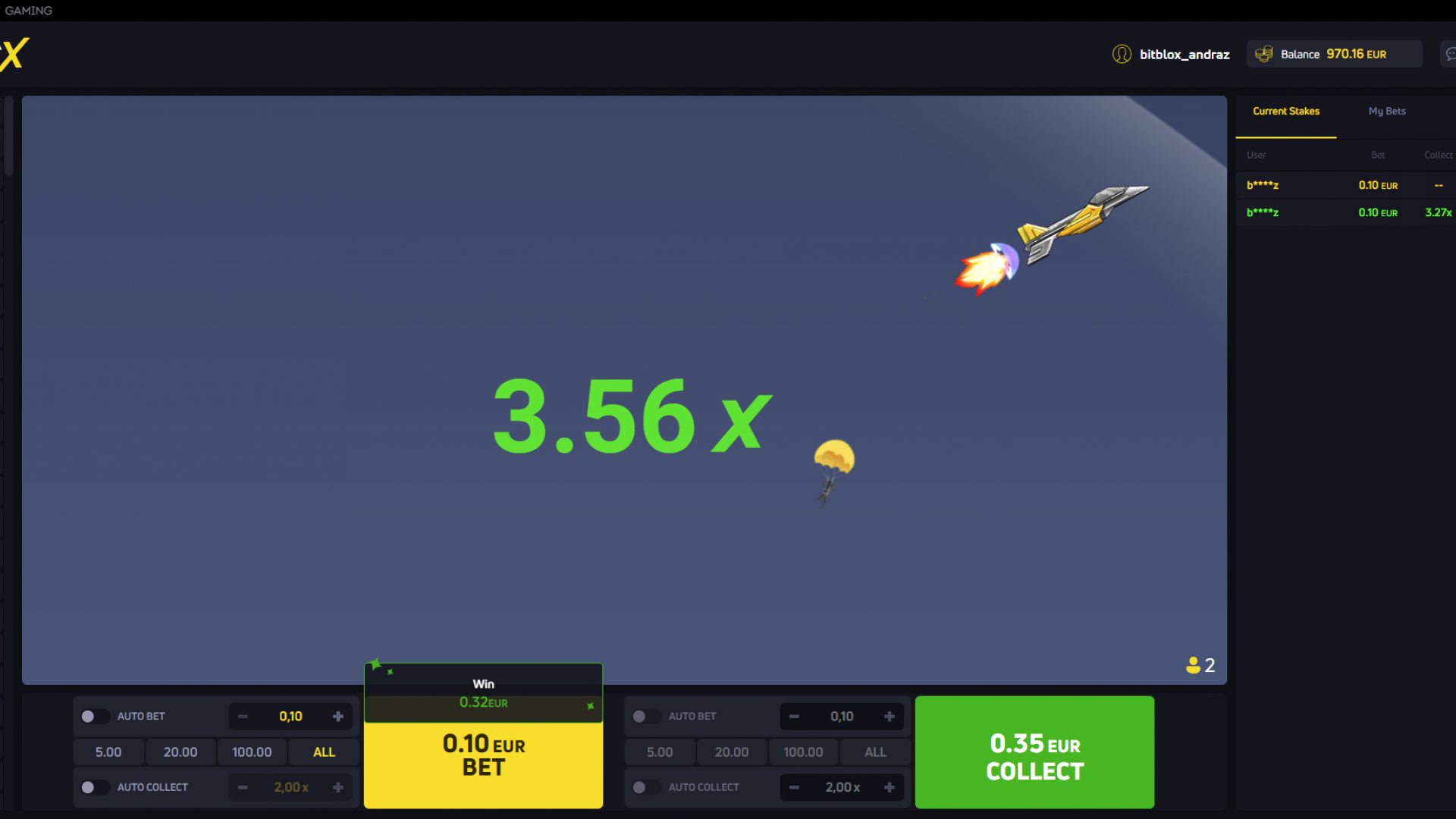 JetX Small Win Display - Early Game Victory in JetX Small win displayed in JetX crash game, showing a player victory with a modest payout.