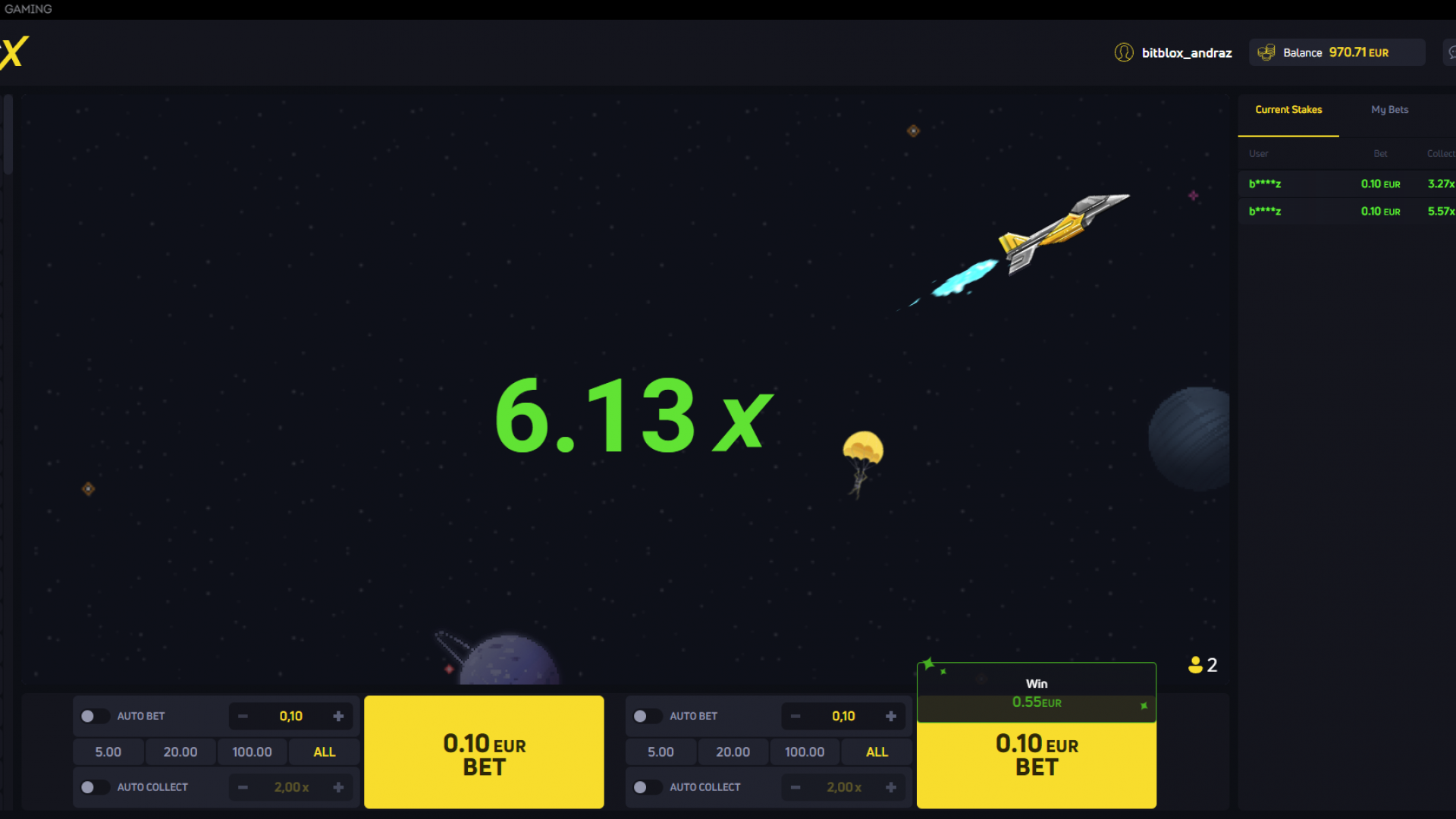 JetX Medium Win - Boosting Winnings in SmartSoft’s JetX Game Medium win screen in JetX game, with a higher payout earned during mid-game.
