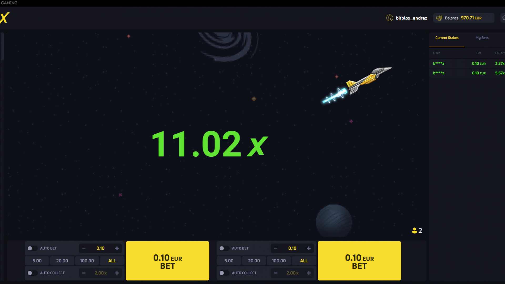 JetX 11x Multiplier Achieved - High Payout Potential with Multiplier 11x multiplier in JetX crash game, showing significant potential winnings from the multiplier feature