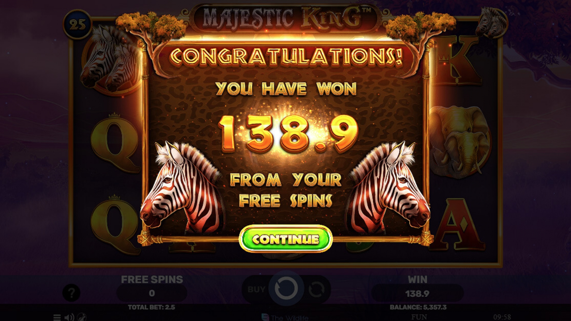 Jogos Grátis do Majestic King - Tela de Ganhos Totais Tela de ganhos totais após os Jogos Grátis em Majestic King, exibindo as recompensas obtidas com o recurso da Roda da Fortuna.