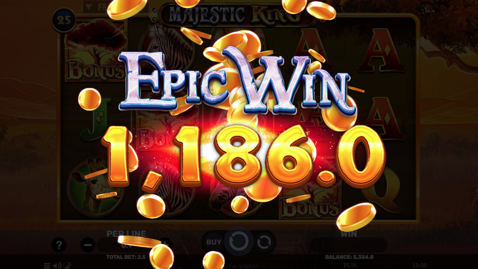 Vitória Épica no Slot Majestic King - Grandes Ganhos na Savana Africana Tela de vitória épica no slot Majestic King, da Spinomenal, celebrando a vitória massiva do jogador nesta aventura de iGaming.
