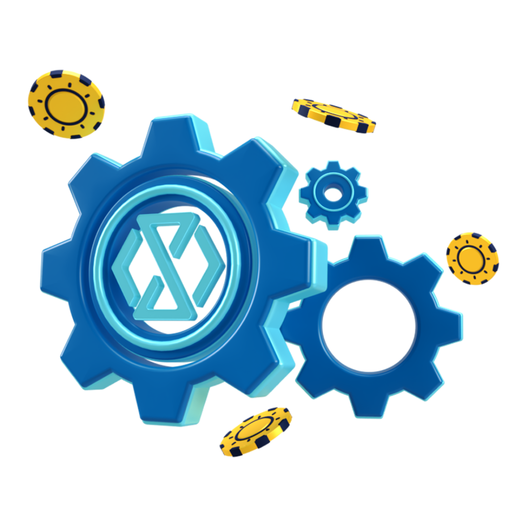 Engrenagem e moedas simbolizando o poder e a rentabilidade da plataforma Game Aggregator da Timeless Tech para operadores de iGaming.