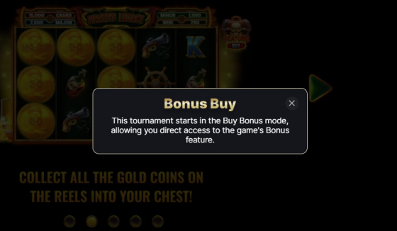 Bonus Buy pop-up notification screen in Game of Slots tournaments, showing immediate access to bonus rounds.