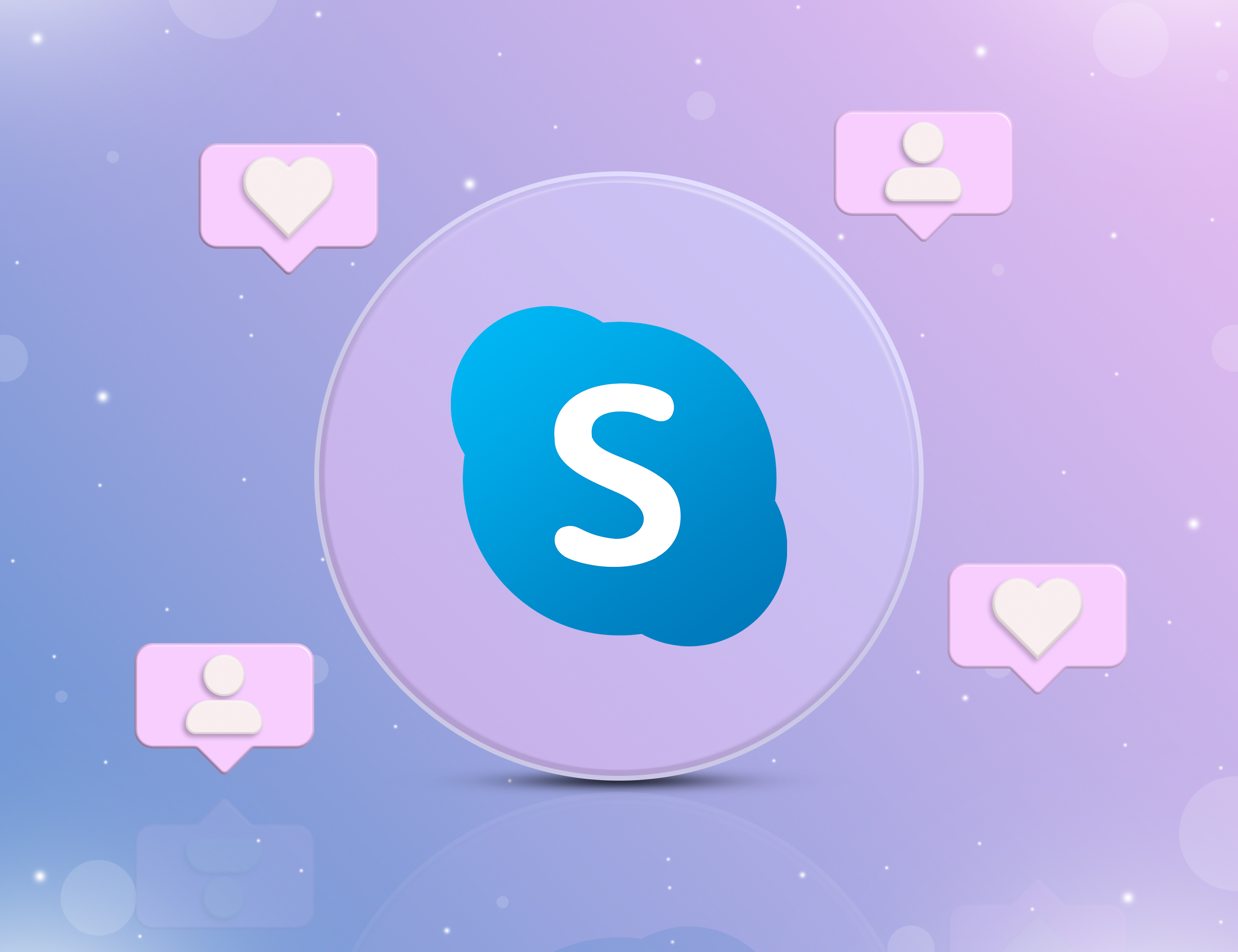 3D illustration of Skype logo with notification icons showing likes and followers, reflecting Skype's social era