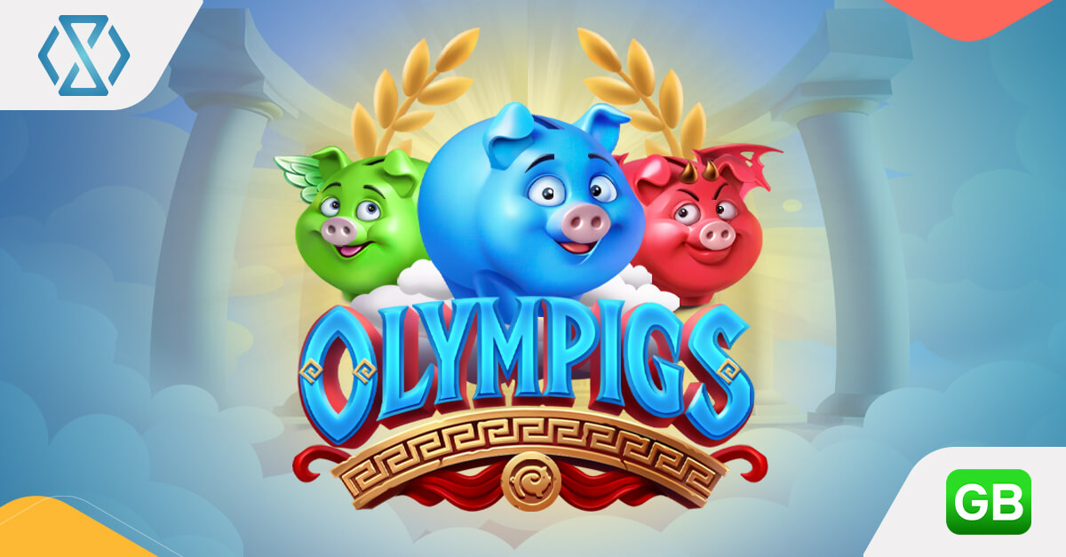 Olympigs slot banner featuring cartoon Zeus, Hades, and Ares as pig gods on Olympus