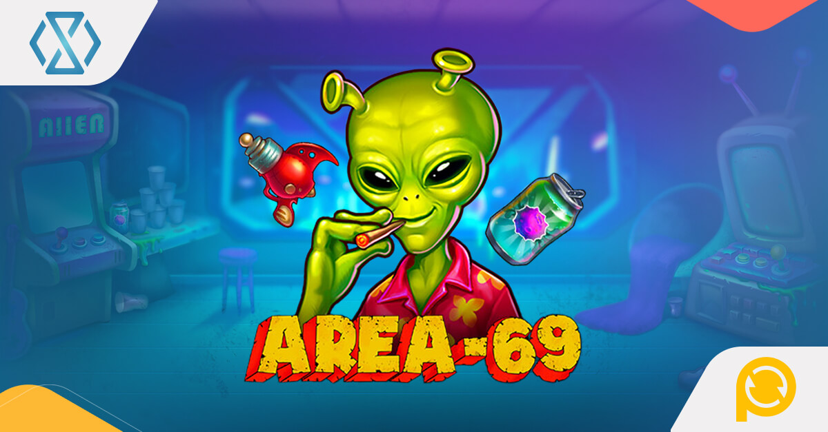 Area 69 slot banner featuring disco aliens, neon lights, and wild multipliers